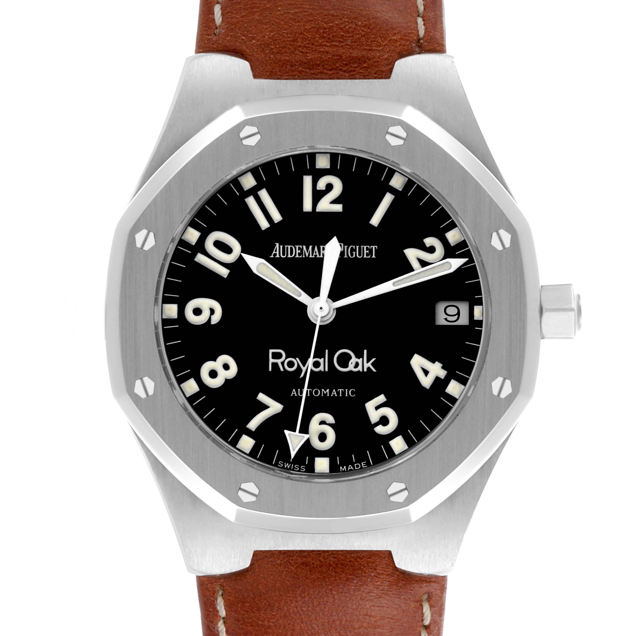 The image shows a front view of the Audemars Piguet Royal Oak 14800ST Men's Stainless Steel Black Dial 14800ST Men's Stainless Steel Black Dial with a black dial and brown leather strap.