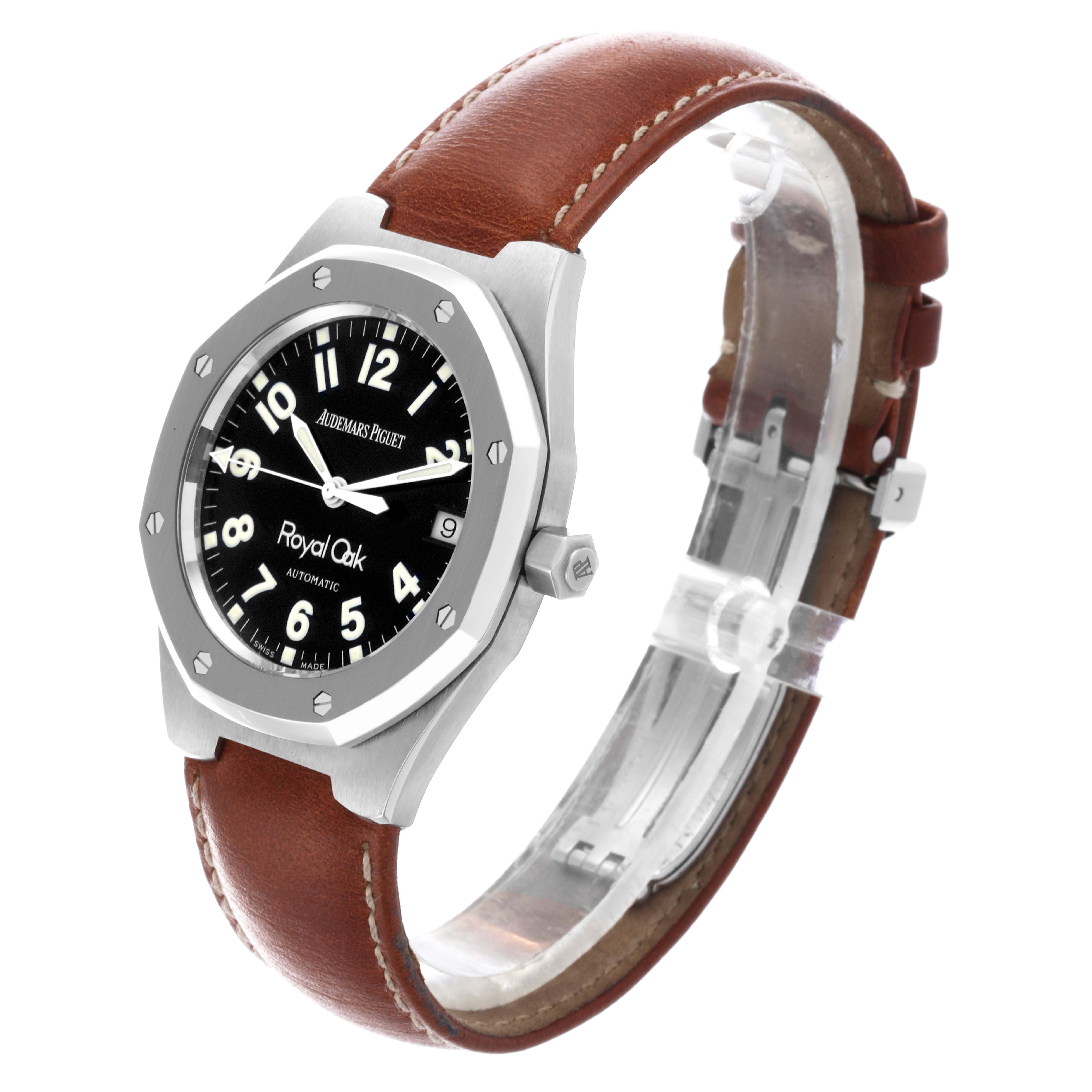 The Audemars Piguet Royal Oak 14800ST Men's Stainless Steel Black Dial 14800ST Men's Stainless Steel Black Dial watch is shown in a side angle highlighting the case, bezel, face, and leather strap.