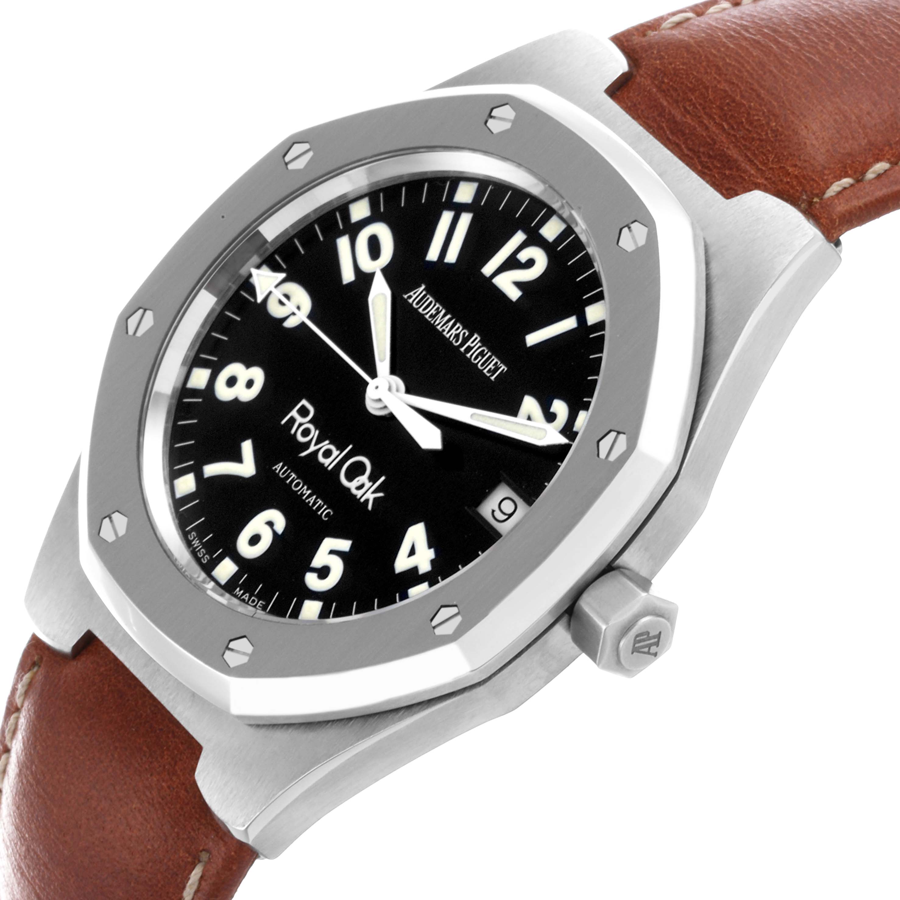 The Audemars Piguet Royal Oak 14800ST Men's Stainless Steel Black Dial 14800ST Men's Stainless Steel Black Dial watch is shown at a slight angle, highlighting the bezel, crown, and leather strap.