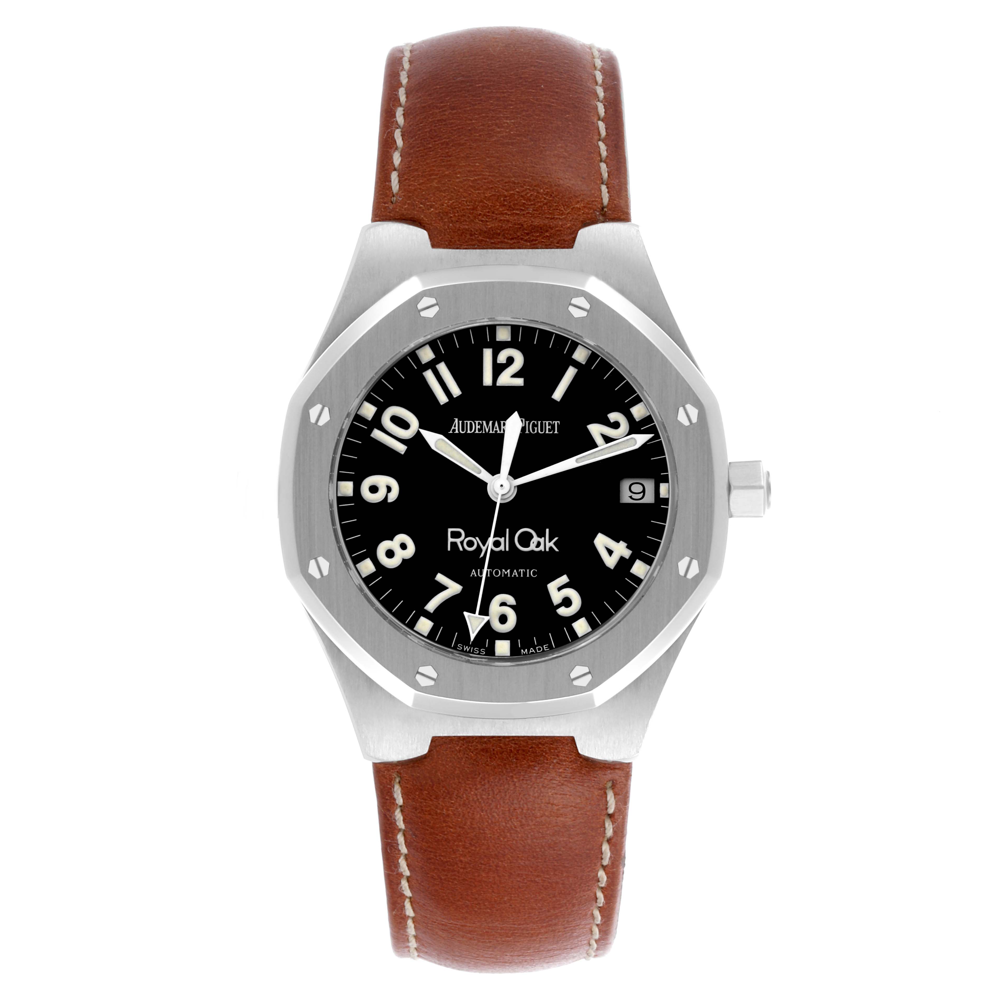 The image shows a front view of the Audemars Piguet Royal Oak 14800ST Men's Stainless Steel Black Dial 14800ST Men's Stainless Steel Black Dial watch, including the dial, bezel, and leather strap.