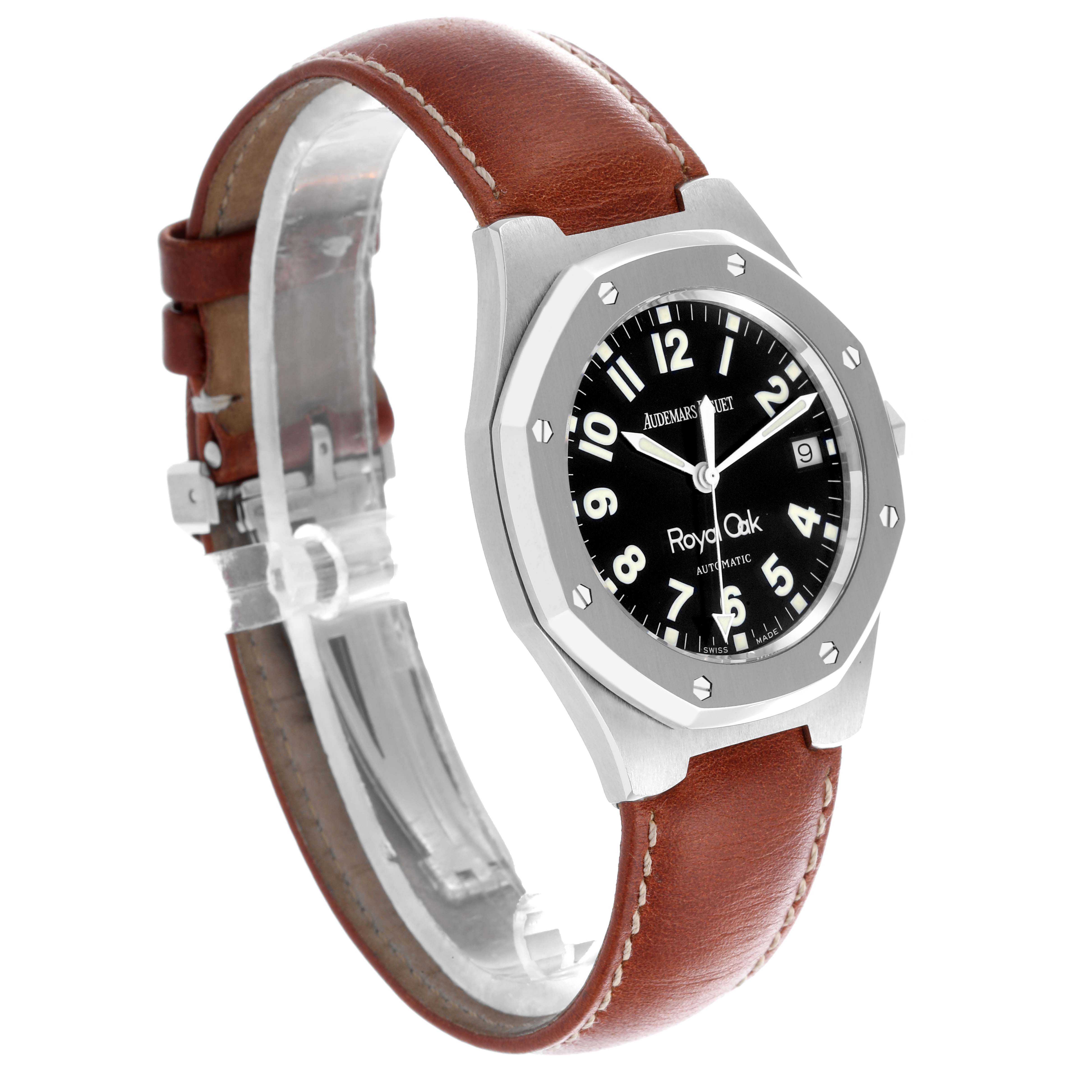 The Audemars Piguet Royal Oak 14800ST Men's Stainless Steel Black Dial 14800ST Men's Stainless Steel Black Dial watch is shown at a slight side angle, highlighting its bezel, dial, and leather strap.