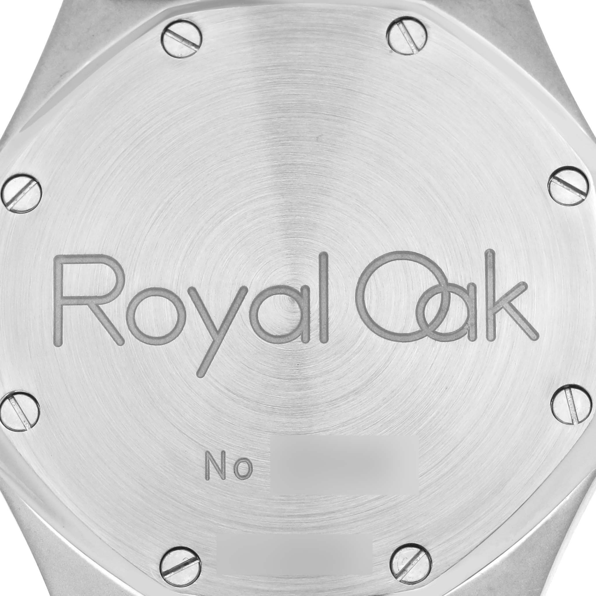 The image shows the back case of the Audemars Piguet Royal Oak 14800ST Men's Stainless Steel Black Dial 14800ST Men's Stainless Steel Black Dial watch, prominently displaying its engraved logo.