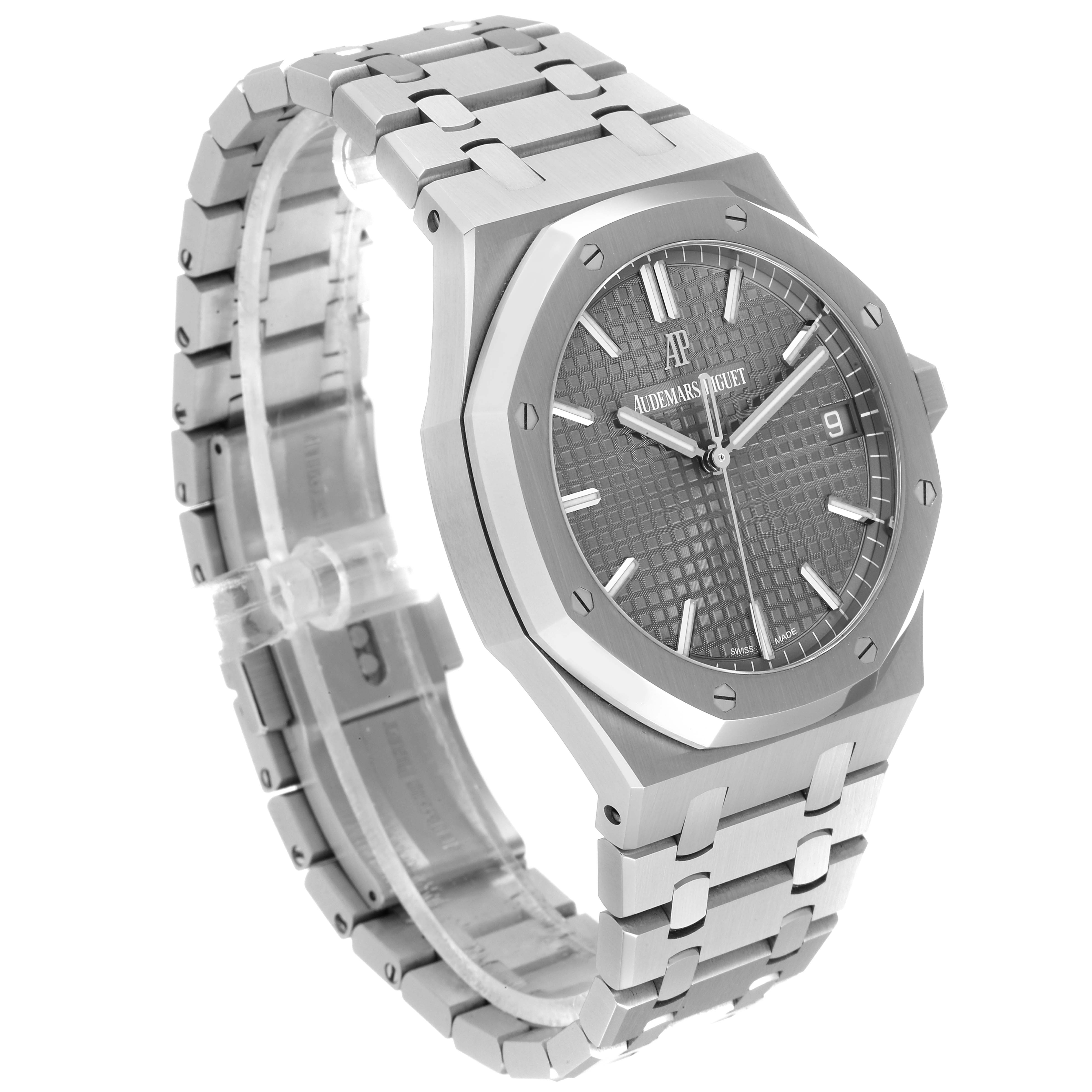 This image shows a side angle view of a Royal Oak model watch by Audemars Piguet, highlighting the bracelet and face.
