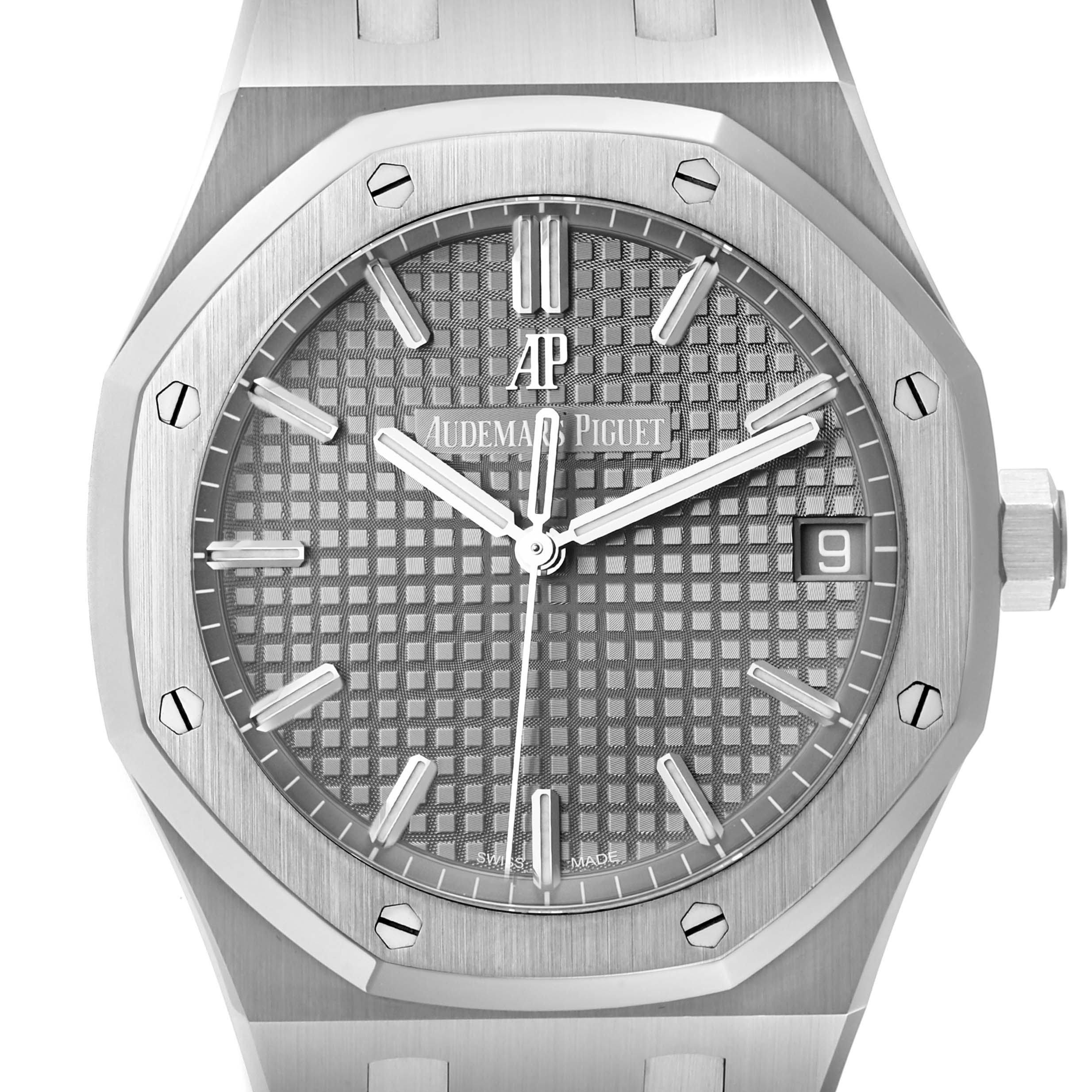 The image shows a close-up of the dial and bezel of an Audemars Piguet Royal Oak 15500ST.OO.1220ST.02 Men's Stainless Steel Grey Dial 15500ST.OO.1220ST.02 Men's Stainless Steel Grey Dial watch, displaying the hands, indices, and date window.