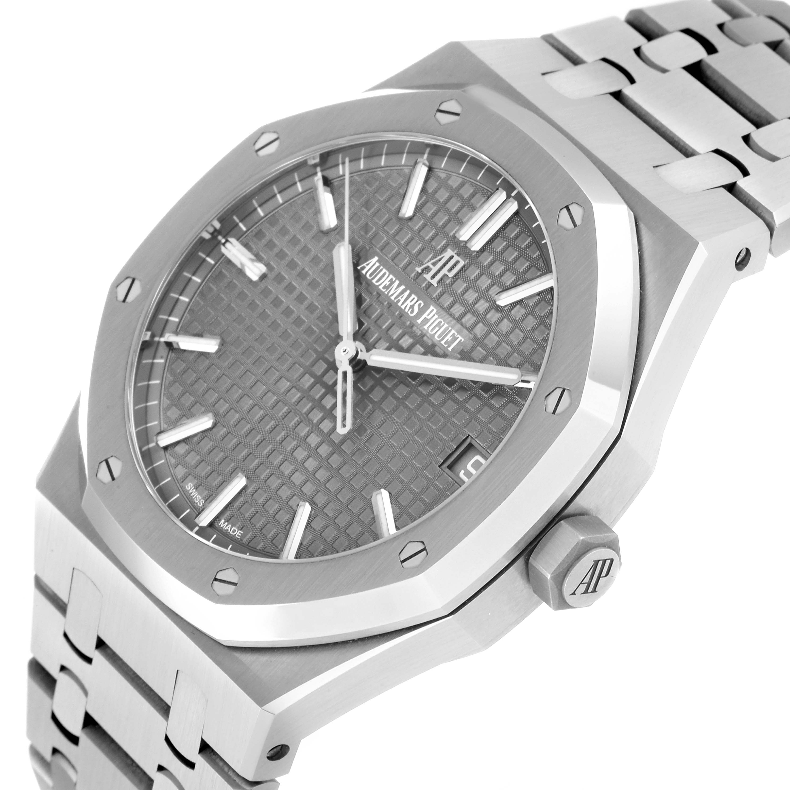 The image shows a close-up angle of the Audemars Piguet Royal Oak 15500ST.OO.1220ST.02 Men's Stainless Steel Grey Dial 15500ST.OO.1220ST.02 Men's Stainless Steel Grey Dial watch, highlighting the dial, bezel, crown, and part of the bracelet.