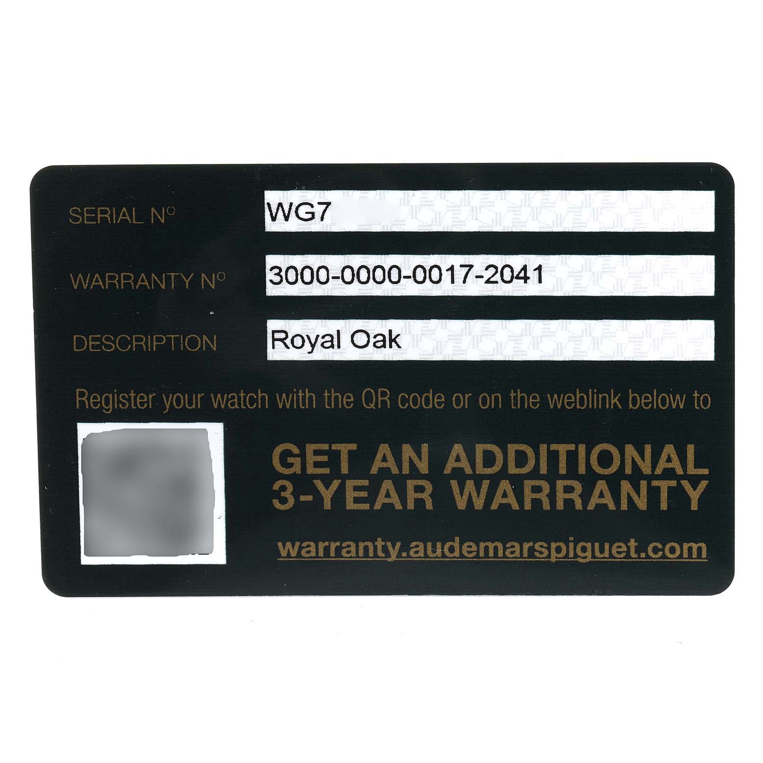 The image shows a warranty card for the Royal Oak model by Audemars Piguet, displaying the serial number, warranty number, and web link for additional warranty registration.