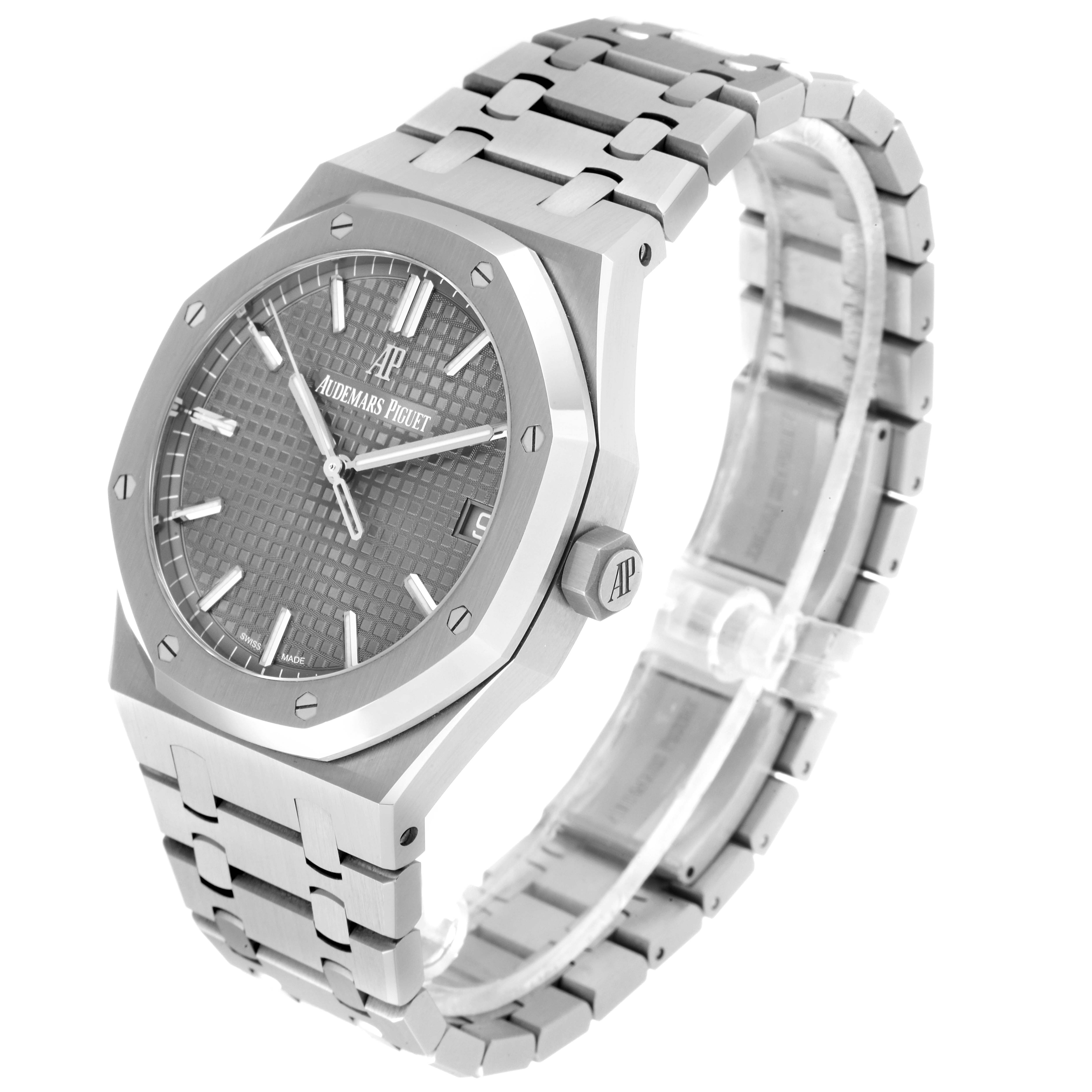The image shows an angled view of the front and side of the Audemars Piguet Royal Oak 15500ST.OO.1220ST.02 Men's Stainless Steel Grey Dial 15500ST.OO.1220ST.02 Men's Stainless Steel Grey Dial watch, highlighting its bracelet and octagonal bezel.