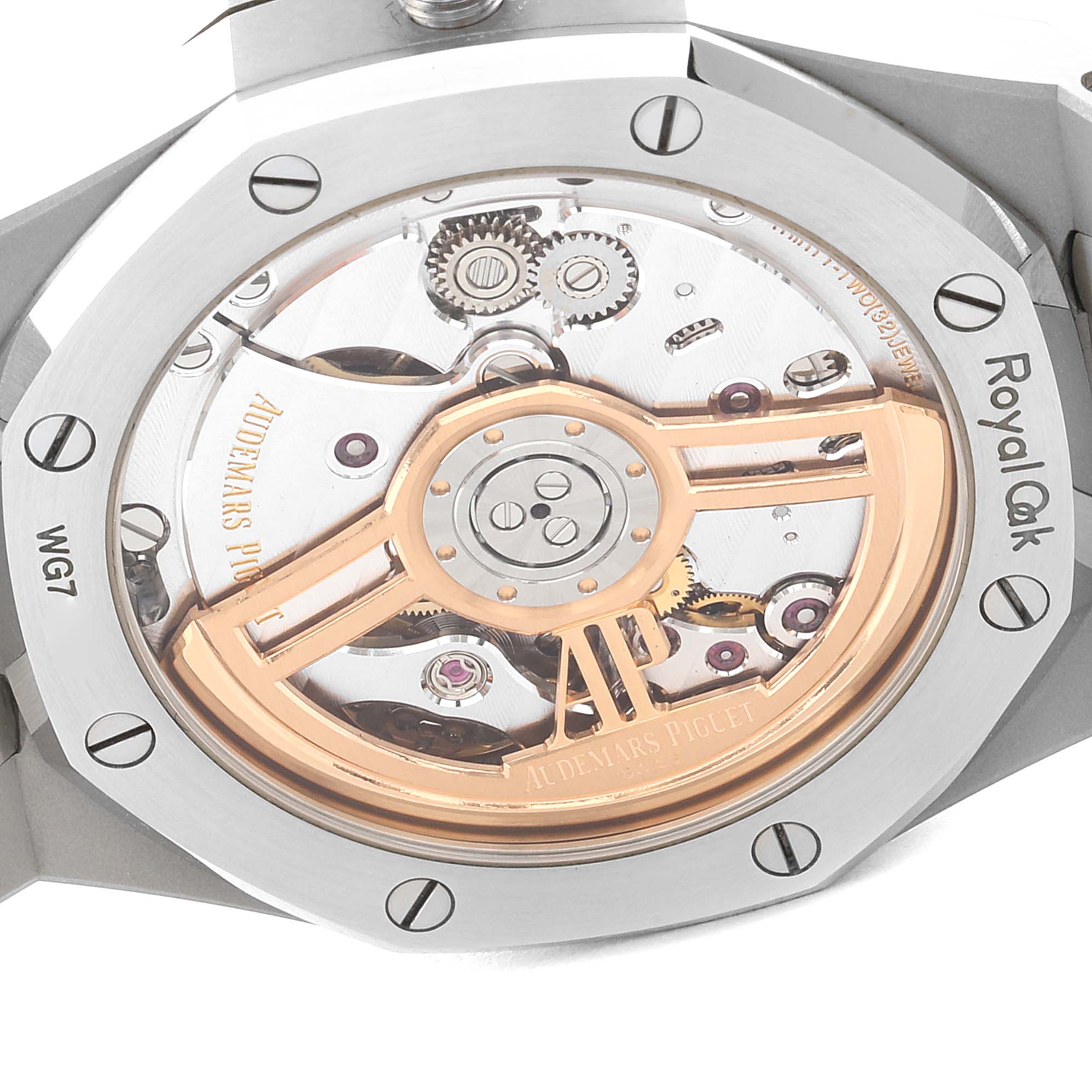 The image shows the back view of an Audemars Piguet Royal Oak 15500ST.OO.1220ST.02 Men's Stainless Steel Grey Dial 15500ST.OO.1220ST.02 Men's Stainless Steel Grey Dial watch, highlighting its open case back and visible mechanical movement.