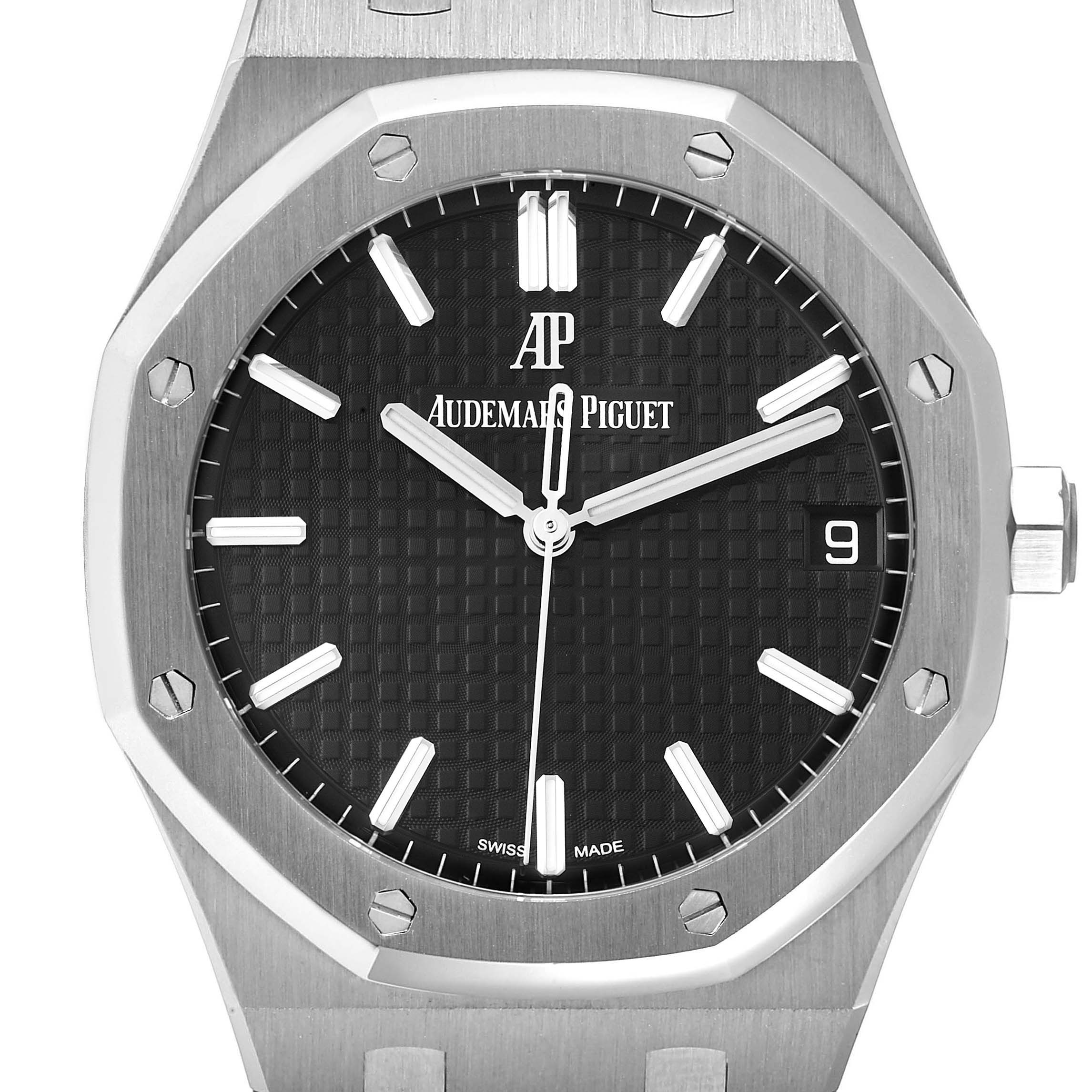 This image shows a front view of the Audemars Piguet Royal Oak 15500ST.OO.1220ST.03 Men's Stainless Steel Black Dial 15500ST.OO.1220ST.03 Men's Stainless Steel Black Dial watch, highlighting the face, bezel, and part of the bracelet.