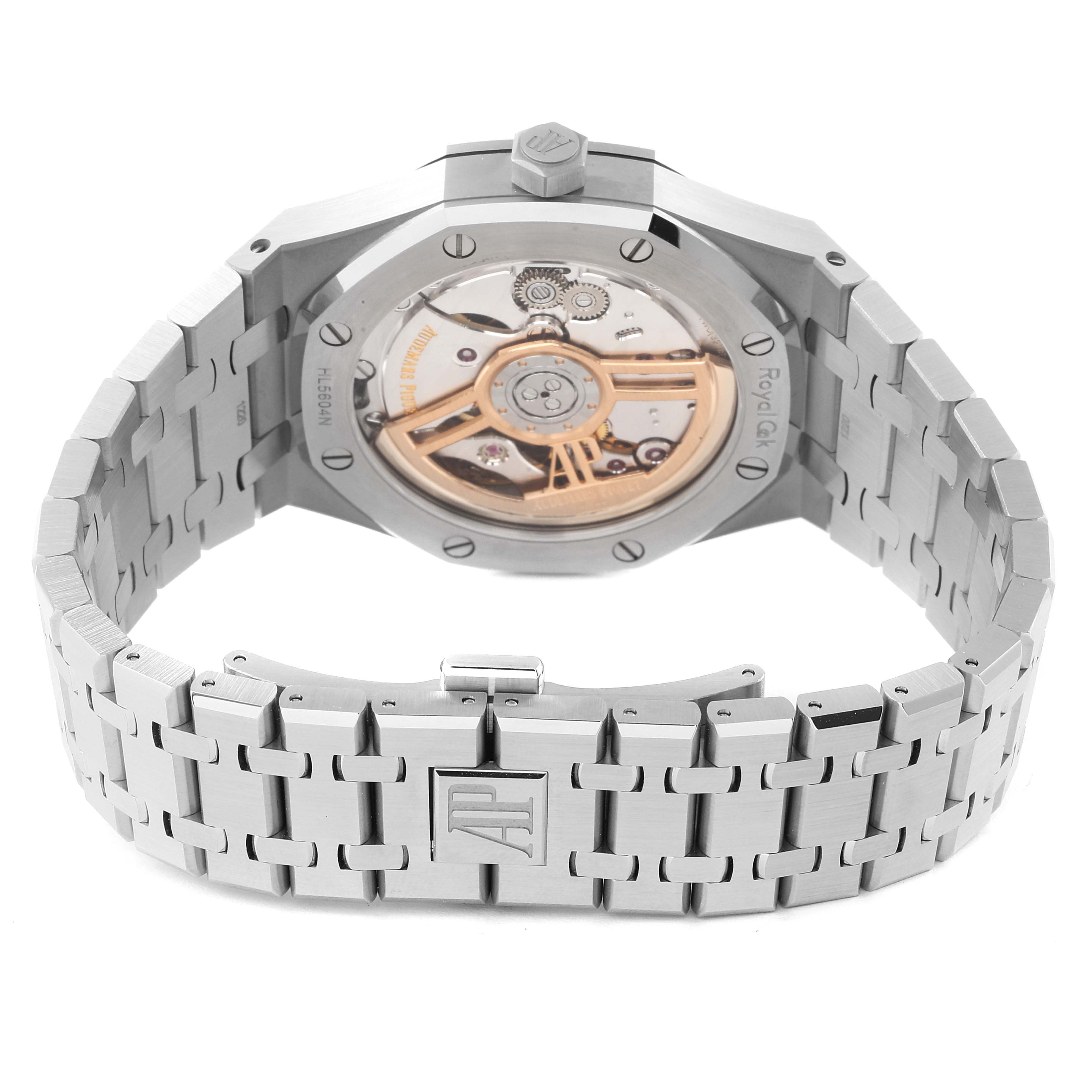 This image shows the back view of an Audemars Piguet Royal Oak 15500ST.OO.1220ST.03 Men's Stainless Steel Black Dial 15500ST.OO.1220ST.03 Men's Stainless Steel Black Dial watch, highlighting the case back and the metallic bracelet.