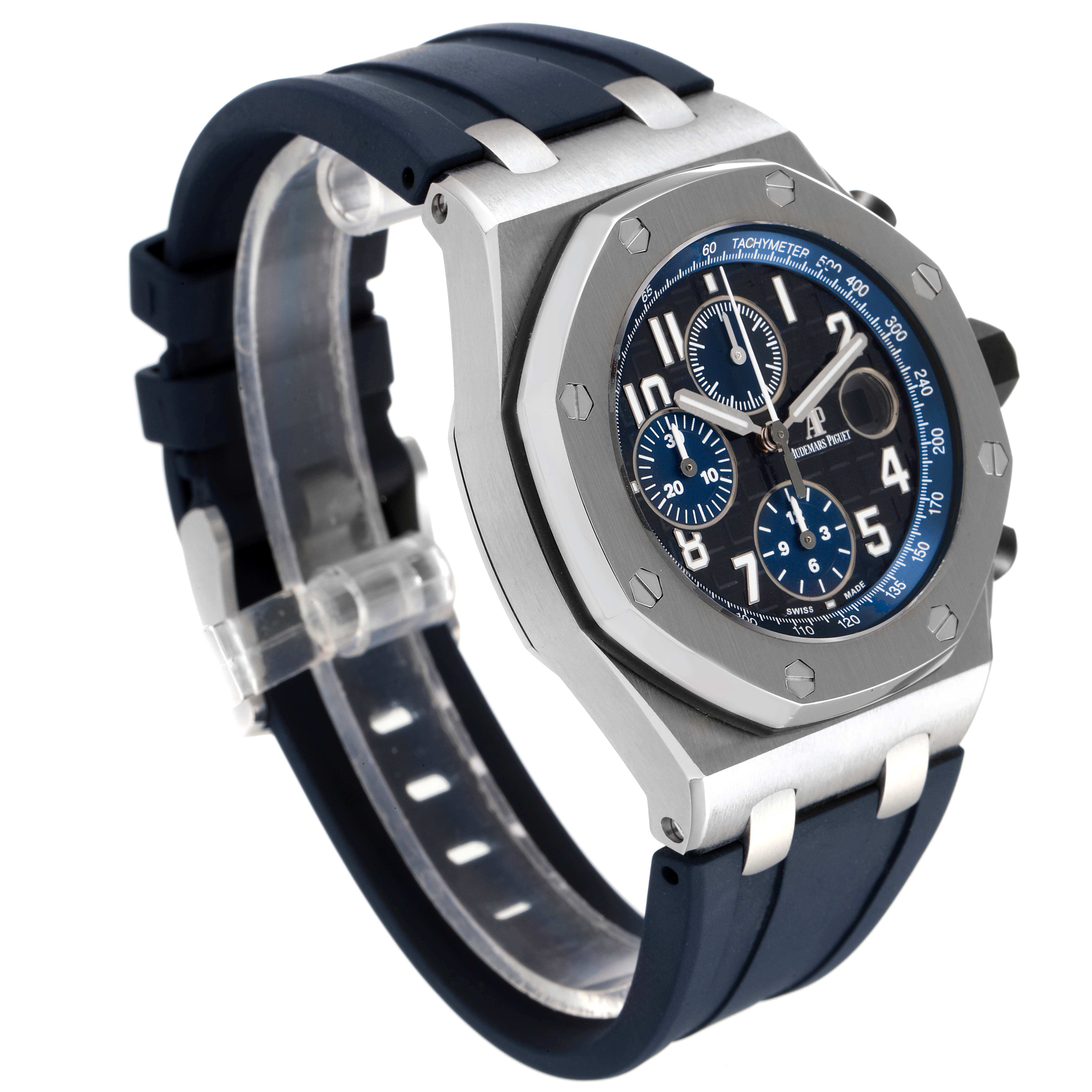 This image shows a three-quarter angled view of the Audemars Piguet Royal Oak Offshore 26470ST.OO.A028CR.01 Men's Stainless Steel Black Dial 26470ST.OO.A028CR.01 Men's Stainless Steel Black Dial watch, highlighting its face, bezel, and strap.