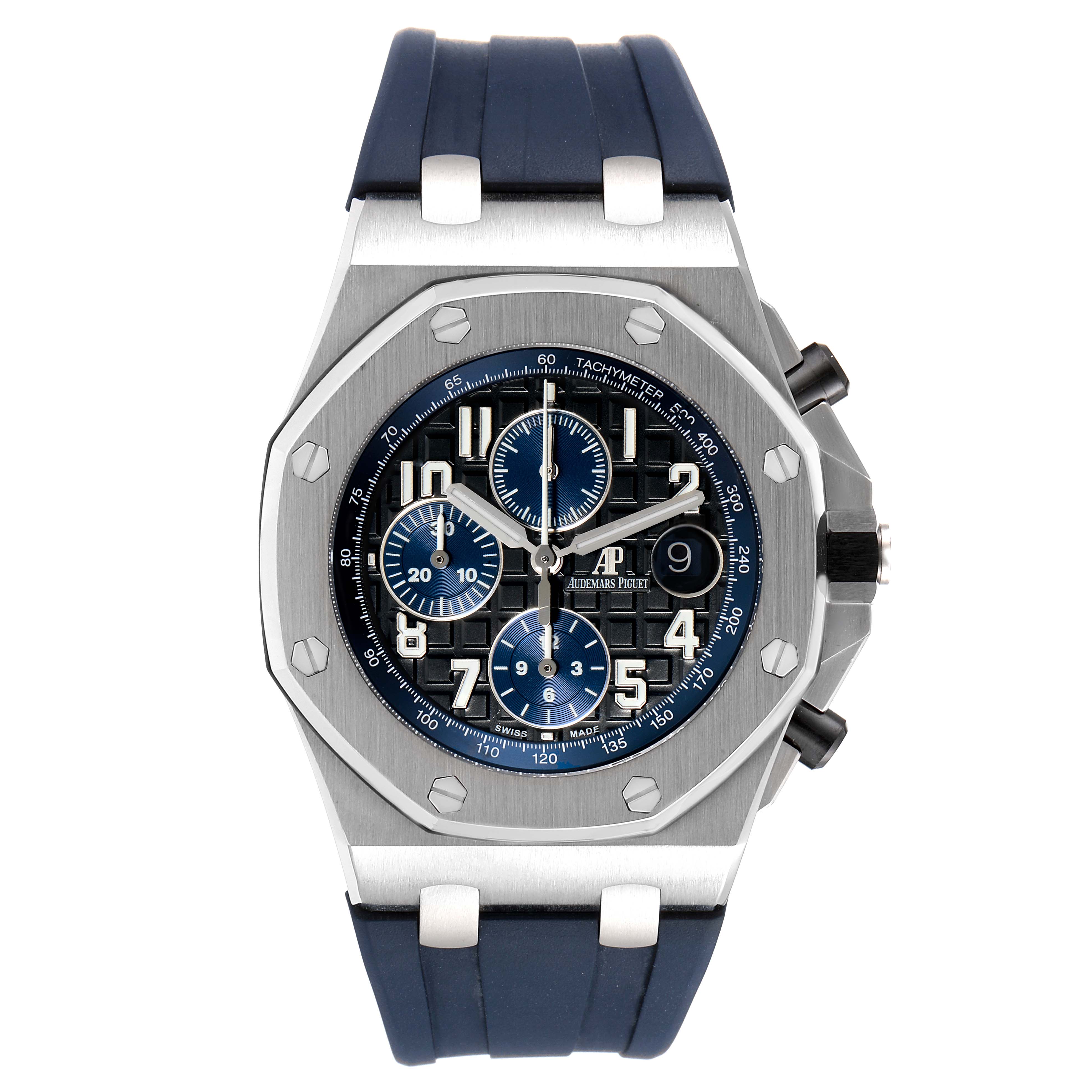 The image shows a front view of an Audemars Piguet Royal Oak Offshore 26470ST.OO.A028CR.01 Men's Stainless Steel Black Dial 26470ST.OO.A028CR.01 Men's Stainless Steel Black Dial watch, highlighting its dial, bezel, and strap.