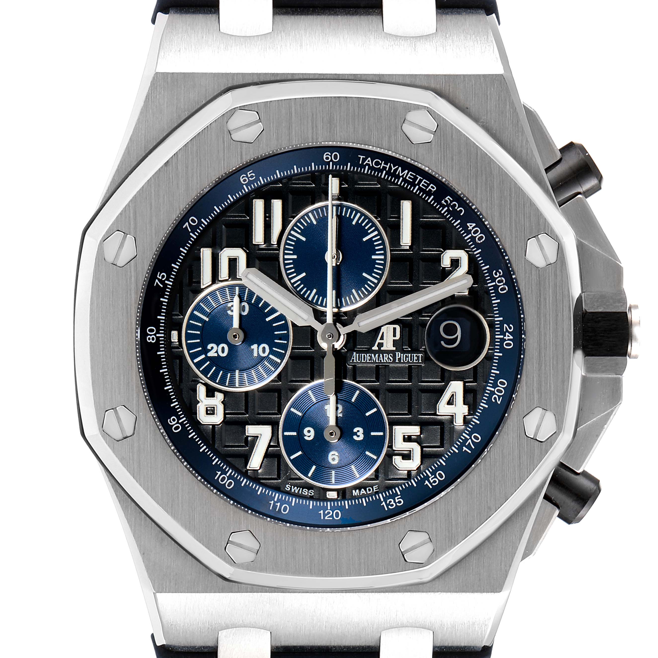 The image shows a front view of an Audemars Piguet Royal Oak Offshore 26470ST.OO.A028CR.01 Men's Stainless Steel Black Dial 26470ST.OO.A028CR.01 Men's Stainless Steel Black Dial watch, displaying its face, dials, and bezel.