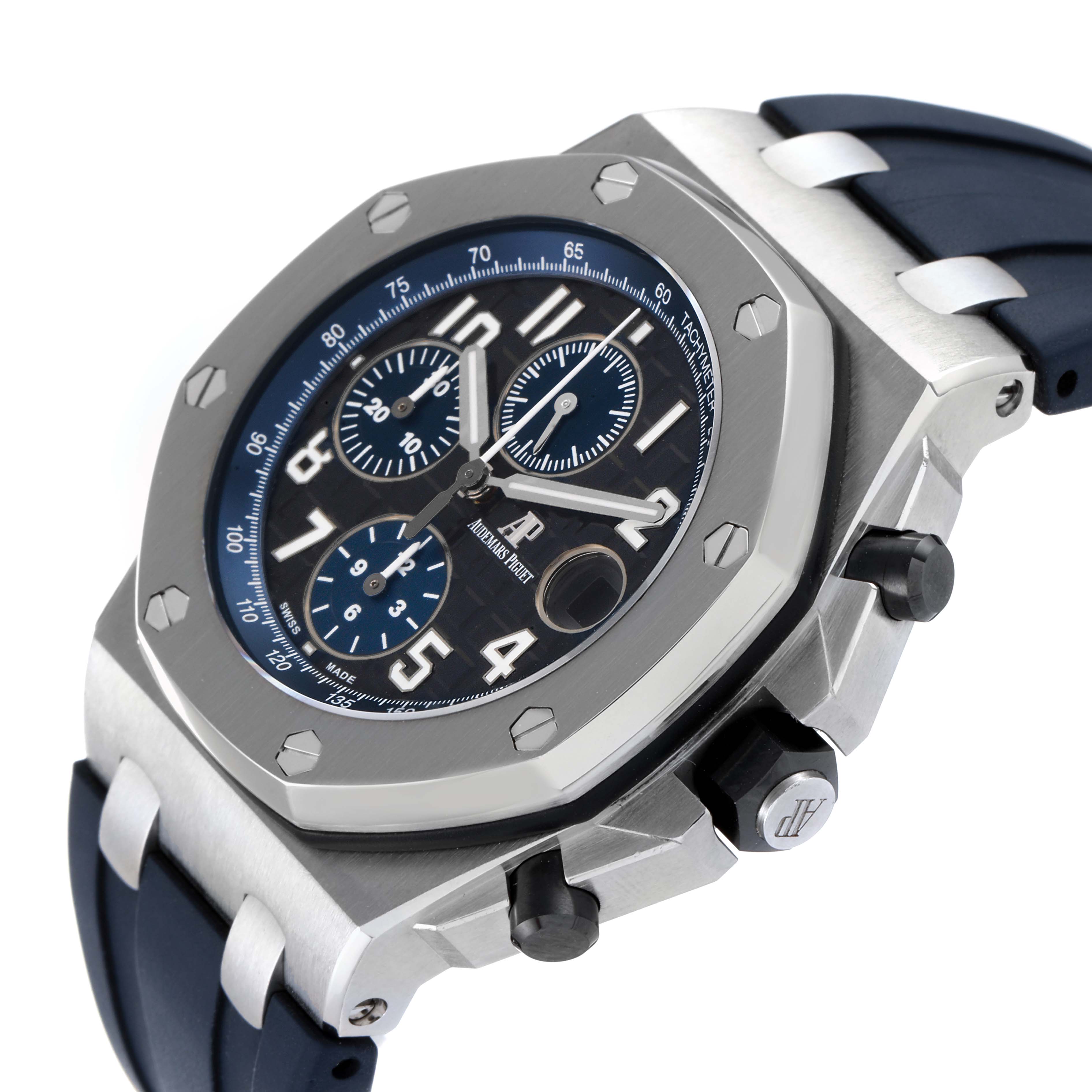 The photo shows a side angle of the Royal Oak Offshore by Audemars Piguet, featuring its dial, bezel, and pushers.