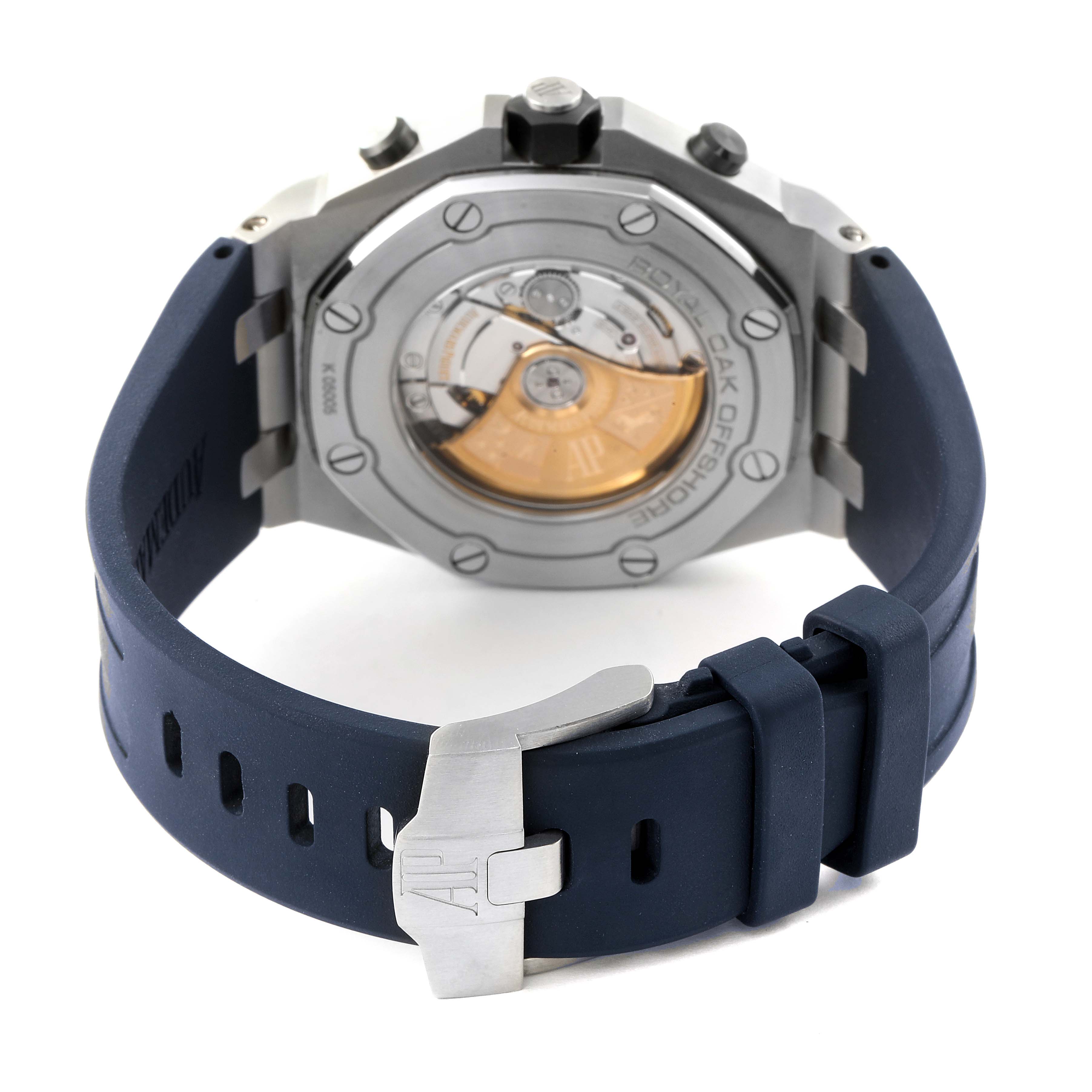 The image shows the back case and strap of an Audemars Piguet Royal Oak Offshore 26470ST.OO.A028CR.01 Men's Stainless Steel Black Dial 26470ST.OO.A028CR.01 Men's Stainless Steel Black Dial watch from a rear angle.