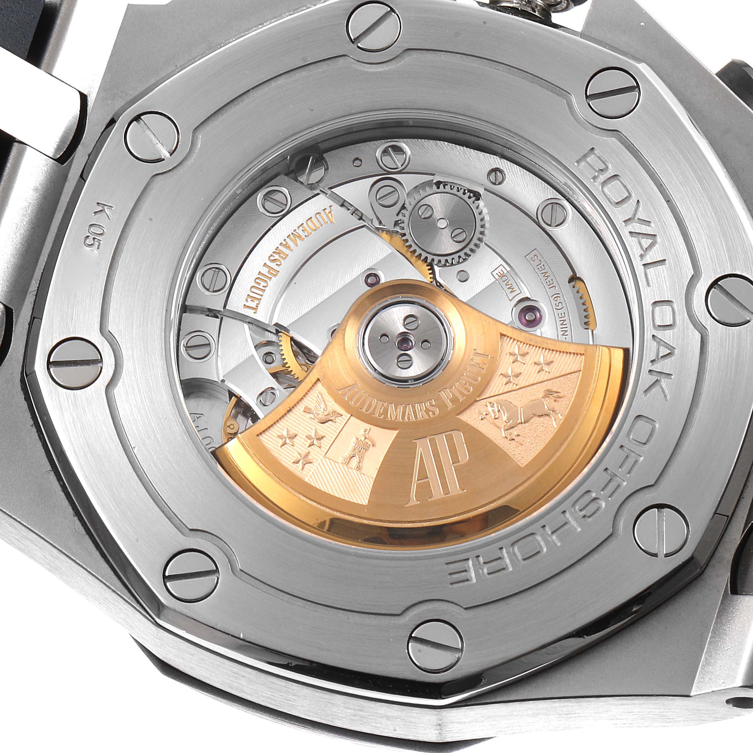 The image shows the back of an Audemars Piguet Royal Oak Offshore 26470ST.OO.A028CR.01 Men's Stainless Steel Black Dial 26470ST.OO.A028CR.01 Men's Stainless Steel Black Dial watch, highlighting its movement and rotor.