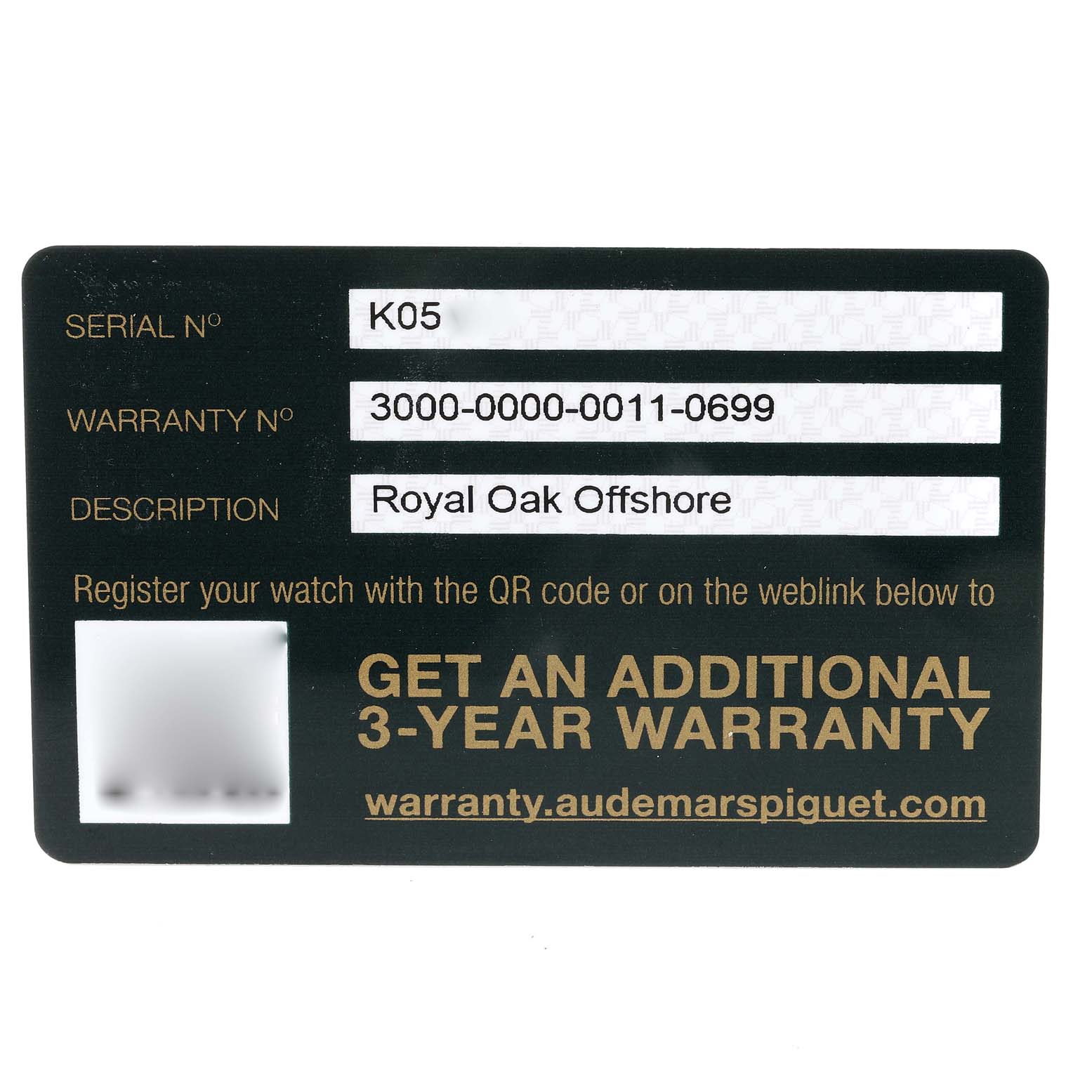 This image shows the warranty card for the Audemars Piguet Royal Oak Offshore 26470ST.OO.A028CR.01 Men's Stainless Steel Black Dial 26470ST.OO.A028CR.01 Men's Stainless Steel Black Dial watch.