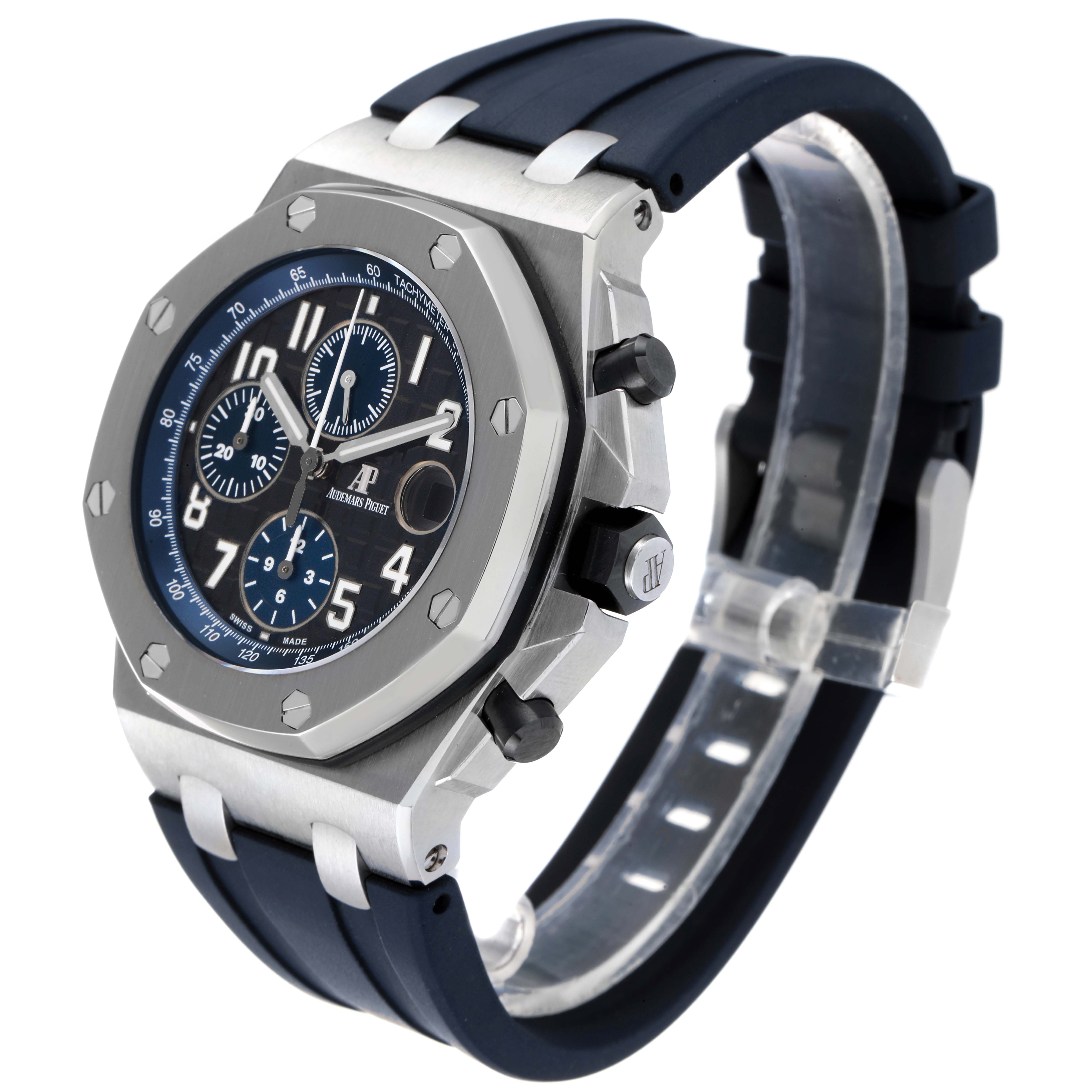 The image shows a side angled view of an Audemars Piguet Royal Oak Offshore 26470ST.OO.A028CR.01 Men's Stainless Steel Black Dial 26470ST.OO.A028CR.01 Men's Stainless Steel Black Dial, displaying its case, bezel, dial, pushers, and strap.