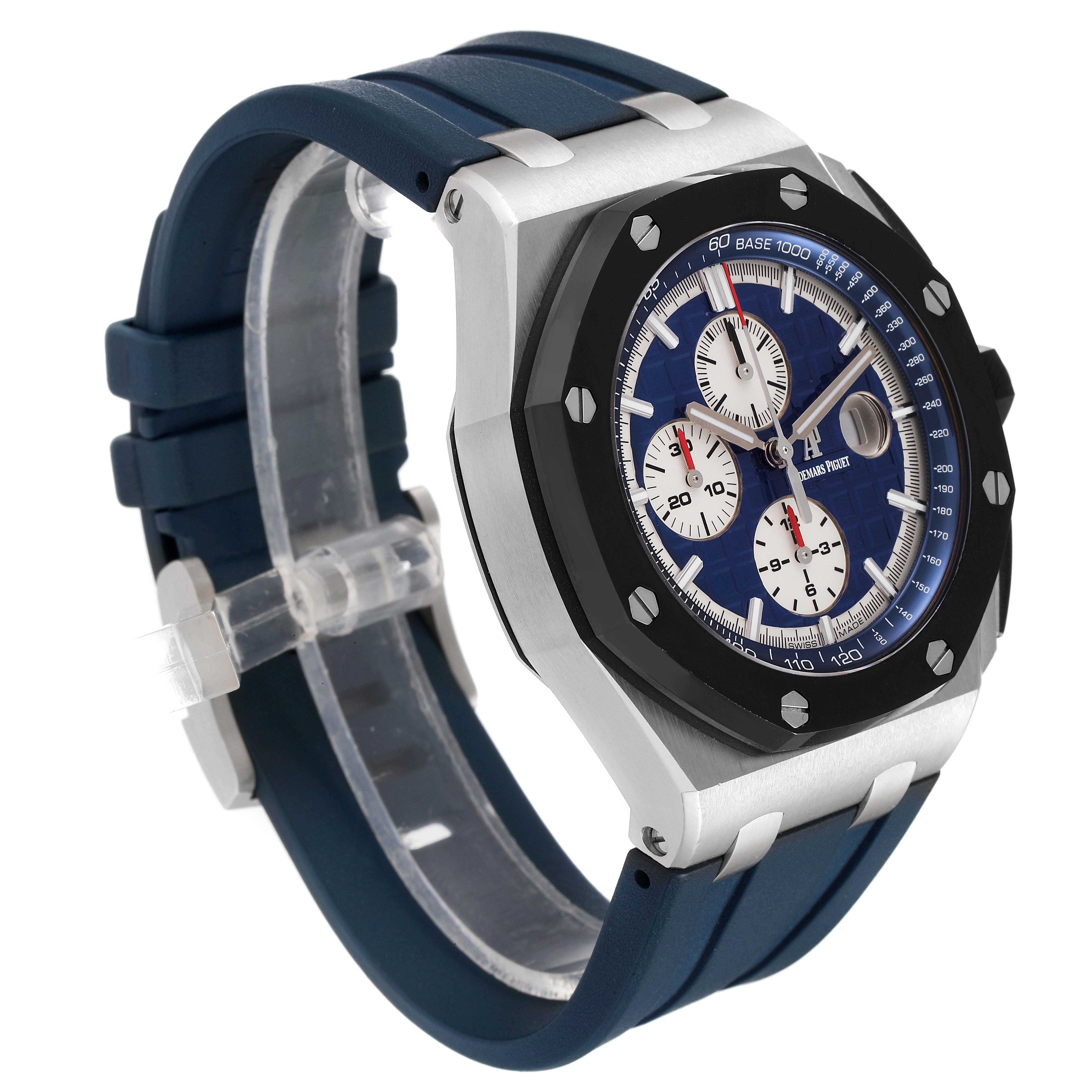 This image shows a side angle of the Audemars Piguet Royal Oak Offshore 26401PO.OO.A018CR.01 Men's Platinum Blue Dial 26401PO.OO.A018CR.01 Men's Platinum Blue Dial watch, highlighting its blue rubber strap and octagonal bezel.
