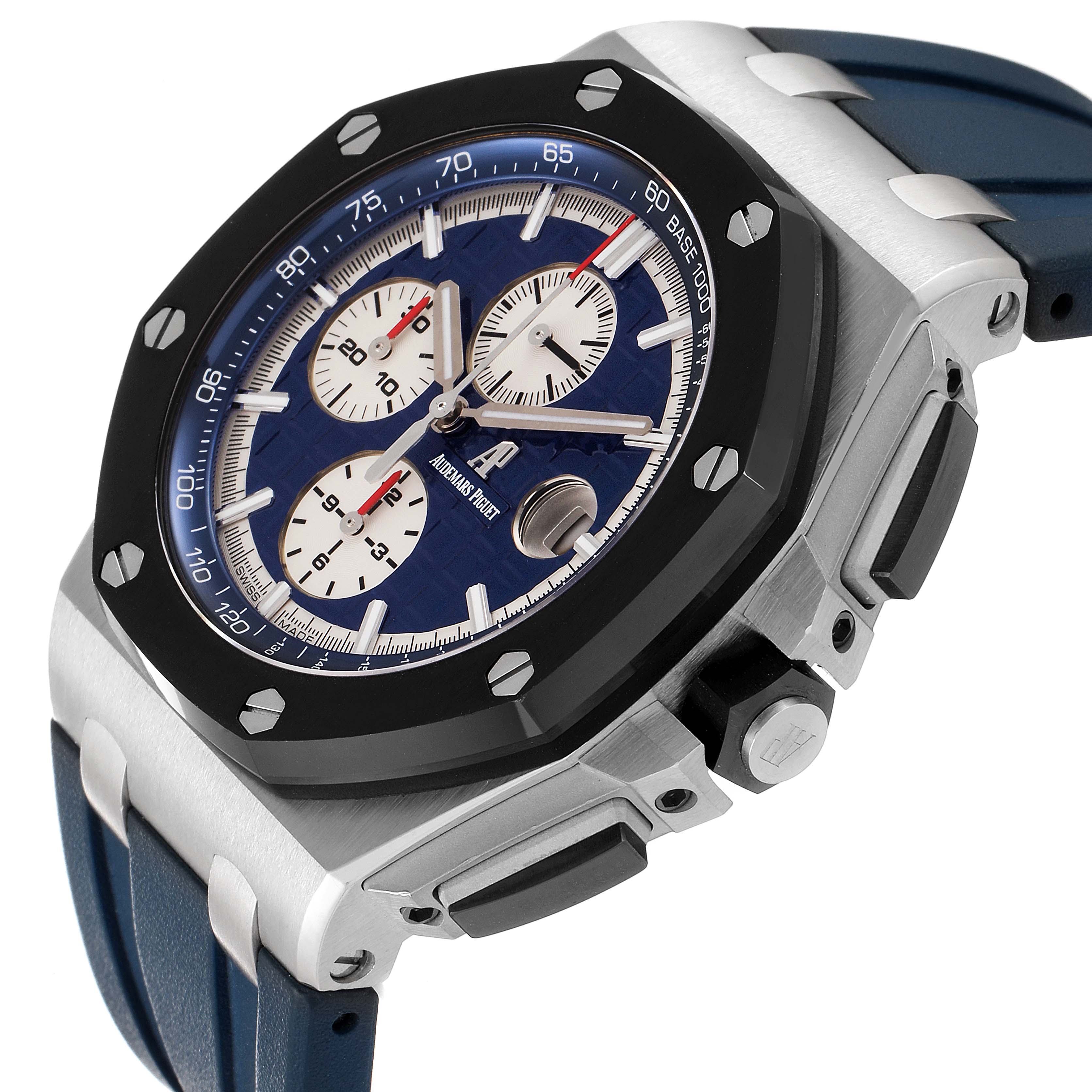 The image shows an angled side view of the Audemars Piguet Royal Oak Offshore 26401PO.OO.A018CR.01 Men's Platinum Blue Dial 26401PO.OO.A018CR.01 Men's Platinum Blue Dial watch, highlighting the bezel, dial, and blue strap.