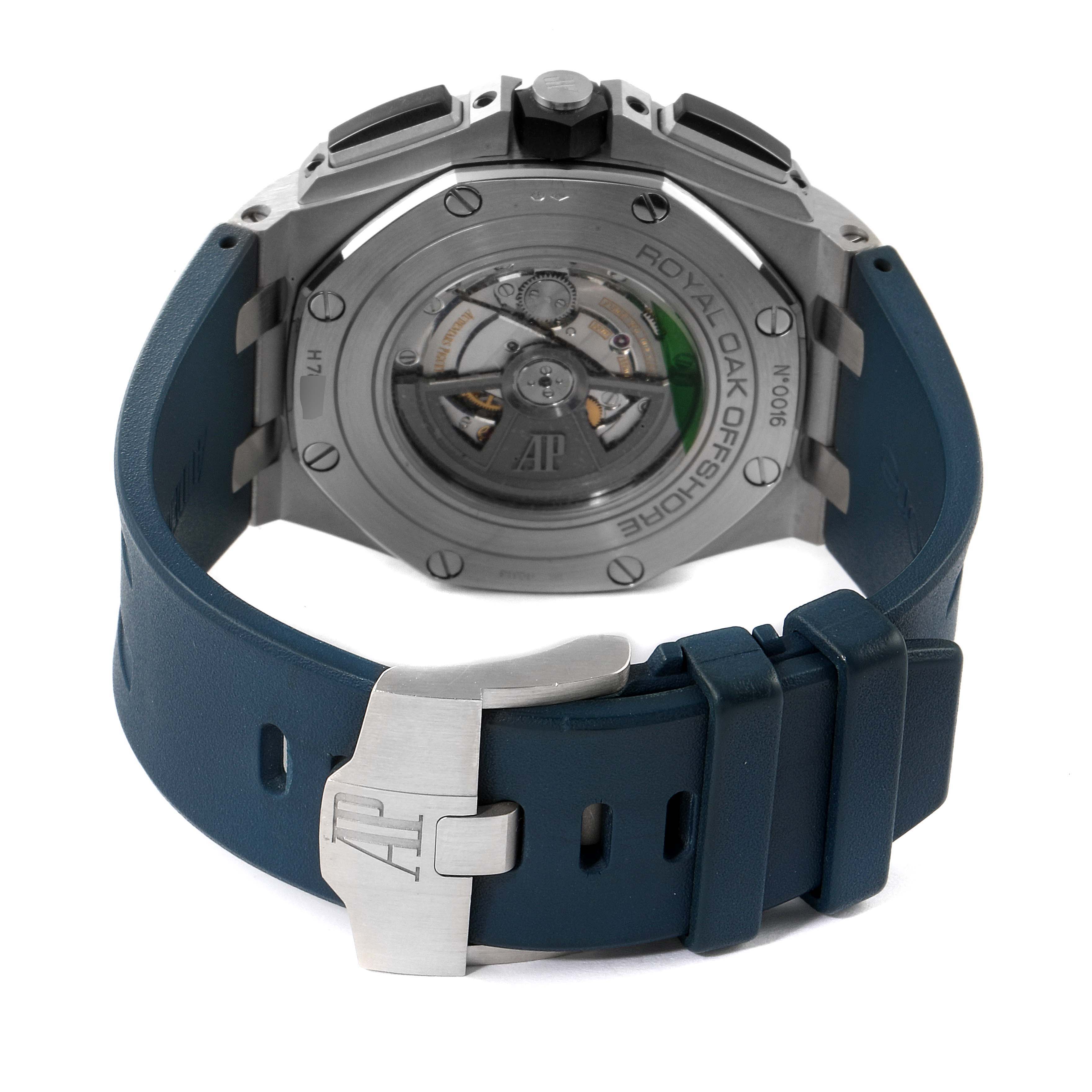 The image shows the back case and blue rubber strap of the Audemars Piguet Royal Oak Offshore 26401PO.OO.A018CR.01 Men's Platinum Blue Dial 26401PO.OO.A018CR.01 Men's Platinum Blue Dial watch.