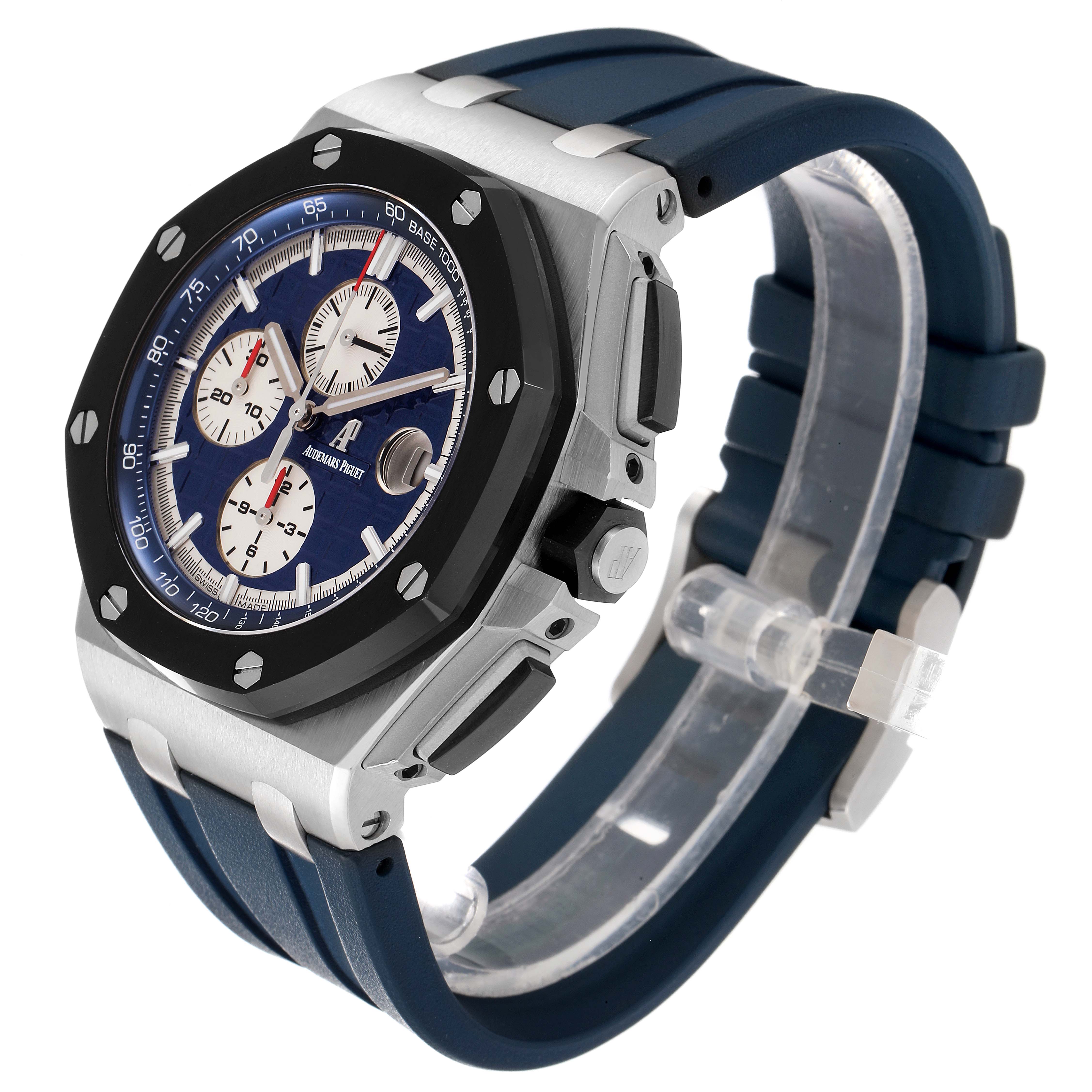 The image shows a Royal Oak Offshore model by Audemars Piguet from a three-quarter angle, highlighting its dial, bezel, and strap.