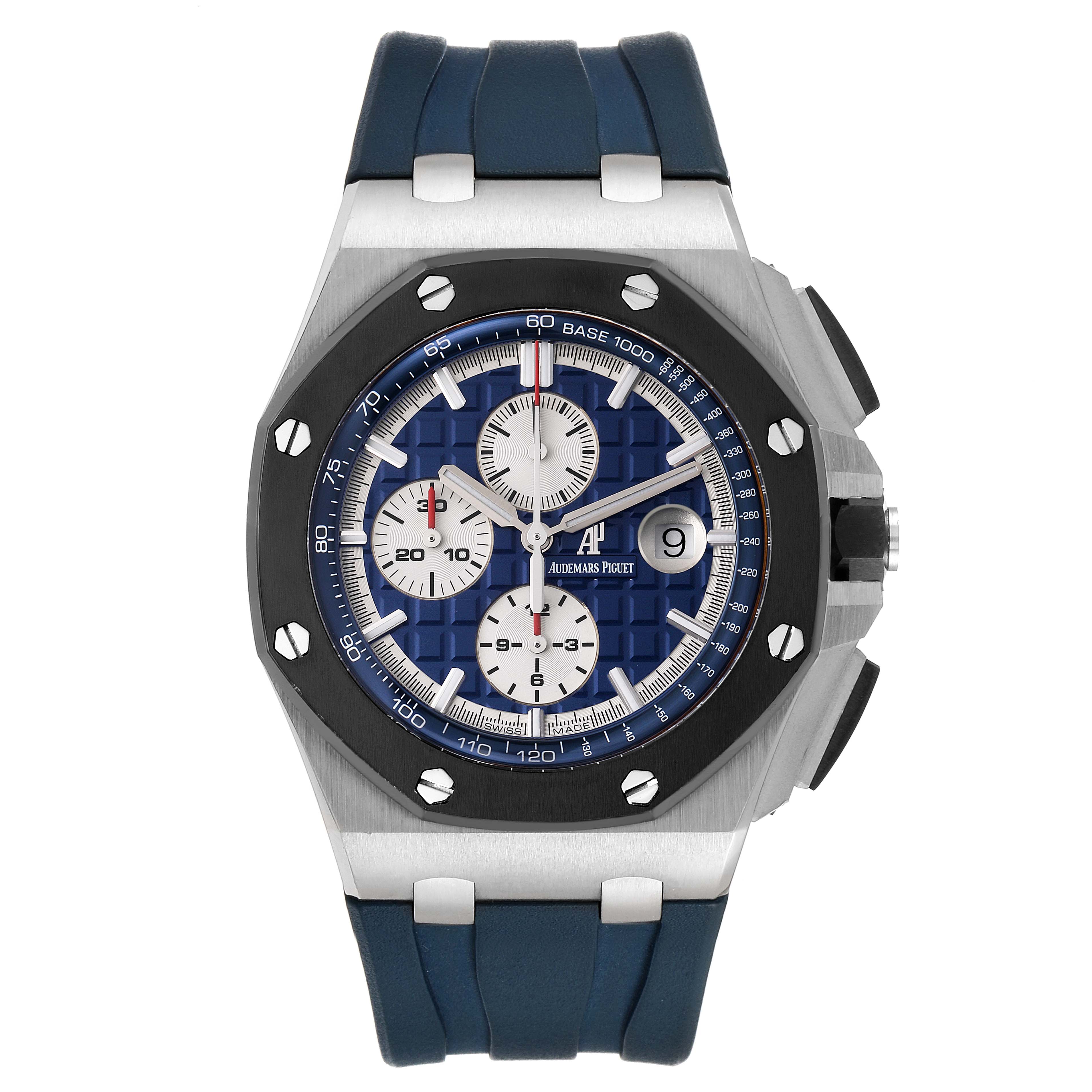 The image shows a front view of the Audemars Piguet Royal Oak Offshore 26401PO.OO.A018CR.01 Men's Platinum Blue Dial 26401PO.OO.A018CR.01 Men's Platinum Blue Dial watch, highlighting its face, bezel, and blue rubber strap.