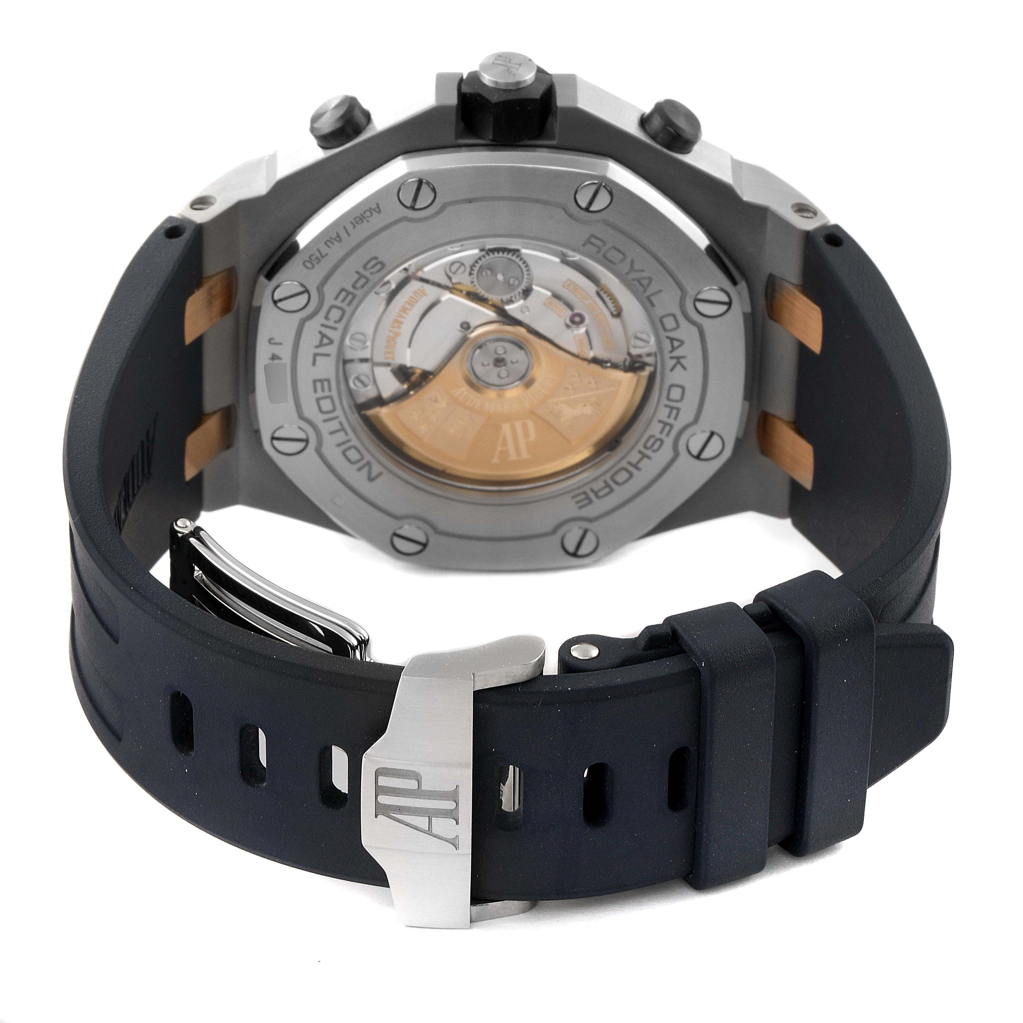 The image shows the back view of the Audemars Piguet Royal Oak Offshore 26471SR.OO.D101CR.01 Men's Steel and Gold (two tone) Blue Dial 26471SR.OO.D101CR.01 Men's Steel and Gold (two tone) Blue Dial watch, highlighting the case back and strap clasp.