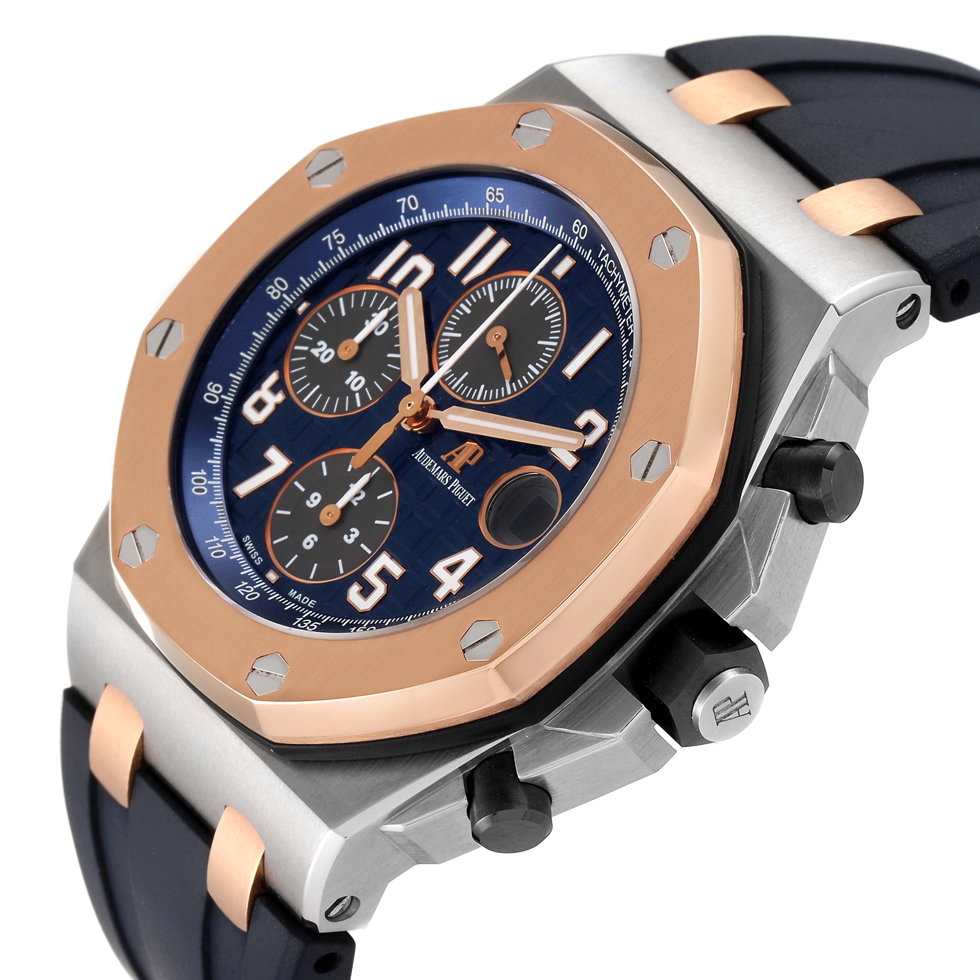 The image shows the Audemars Piguet Royal Oak Offshore 26471SR.OO.D101CR.01 Men's Steel and Gold (two tone) Blue Dial 26471SR.OO.D101CR.01 Men's Steel and Gold (two tone) Blue Dial watch at an oblique angle, highlighting the bezel, dial, subdials, and pushers.