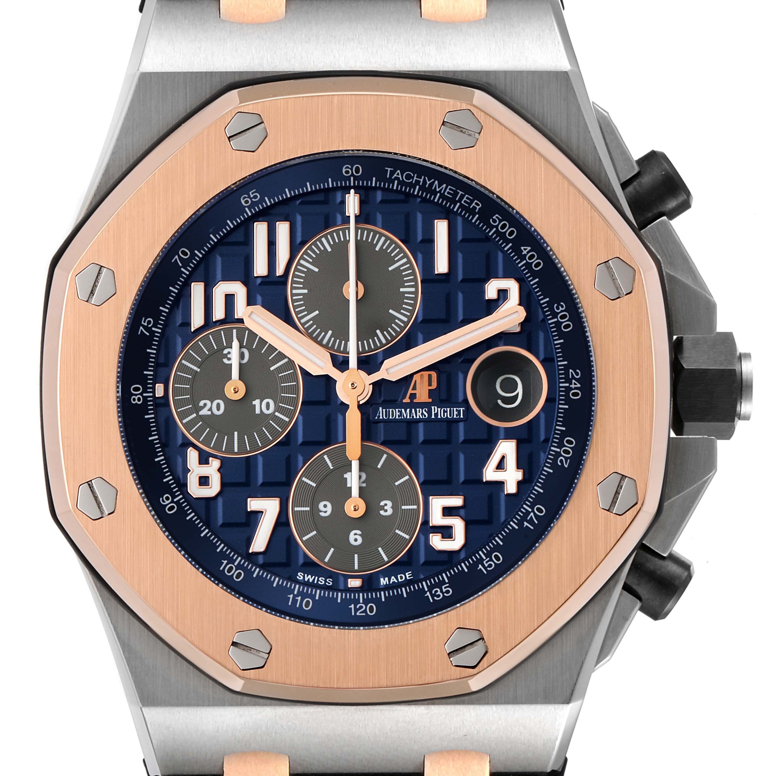 The image shows a front view of the Audemars Piguet Royal Oak Offshore 26471SR.OO.D101CR.01 Men's Steel and Gold (two tone) Blue Dial 26471SR.OO.D101CR.01 Men's Steel and Gold (two tone) Blue Dial watch, highlighting the dial, bezel, and side buttons.