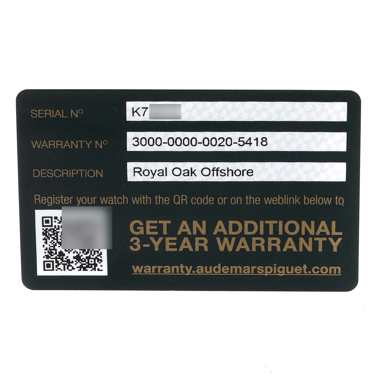 The image shows a warranty card for the Audemars Piguet Royal Oak Offshore 26400IO.OO.A004CA.02 Men's Titanium Grey Dial 26400IO.OO.A004CA.02 Men's Titanium Grey Dial watch model.