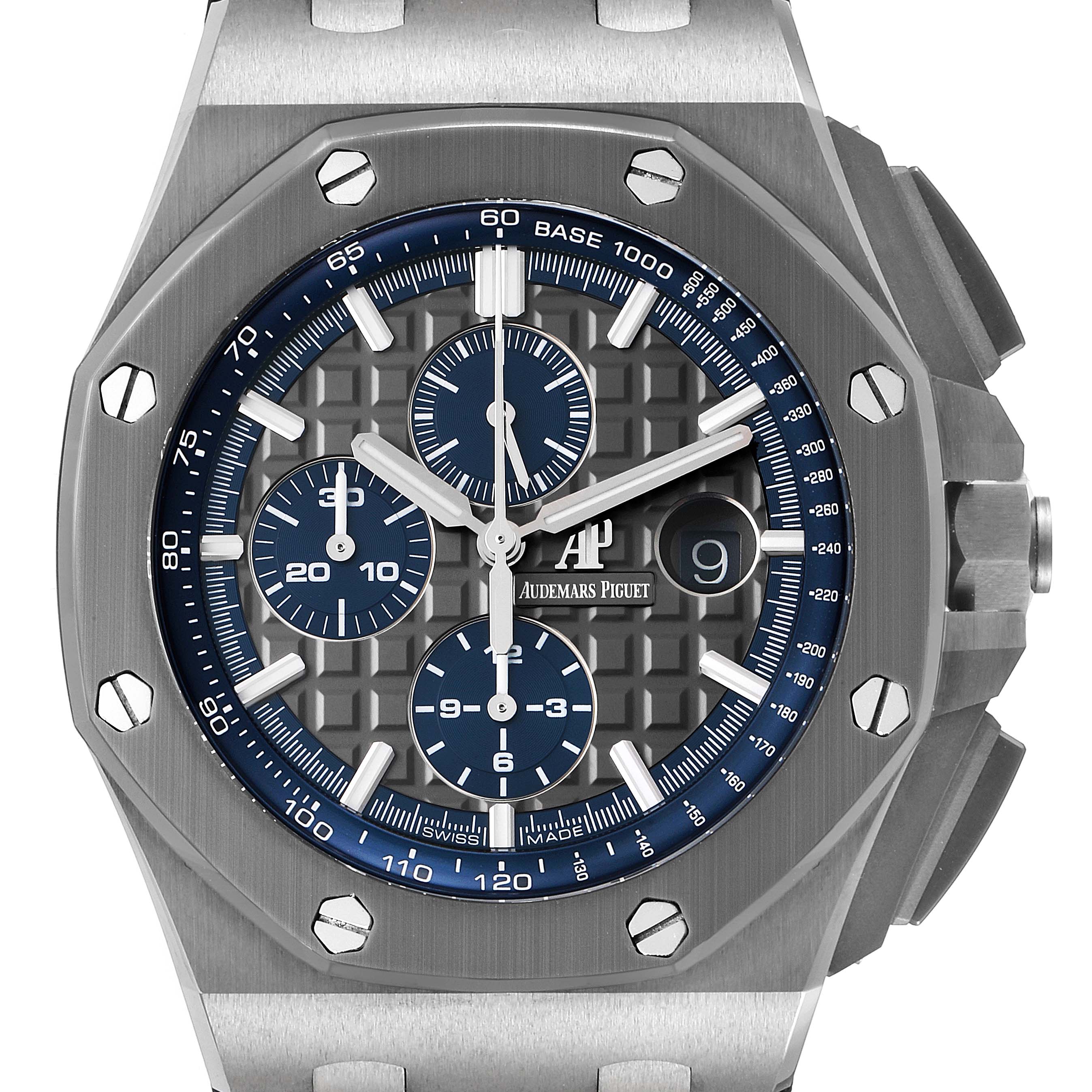 The image shows a close-up frontal view of the Audemars Piguet Royal Oak Offshore 26400IO.OO.A004CA.02 Men's Titanium Grey Dial 26400IO.OO.A004CA.02 Men's Titanium Grey Dial watch, highlighting the dial and bezel.