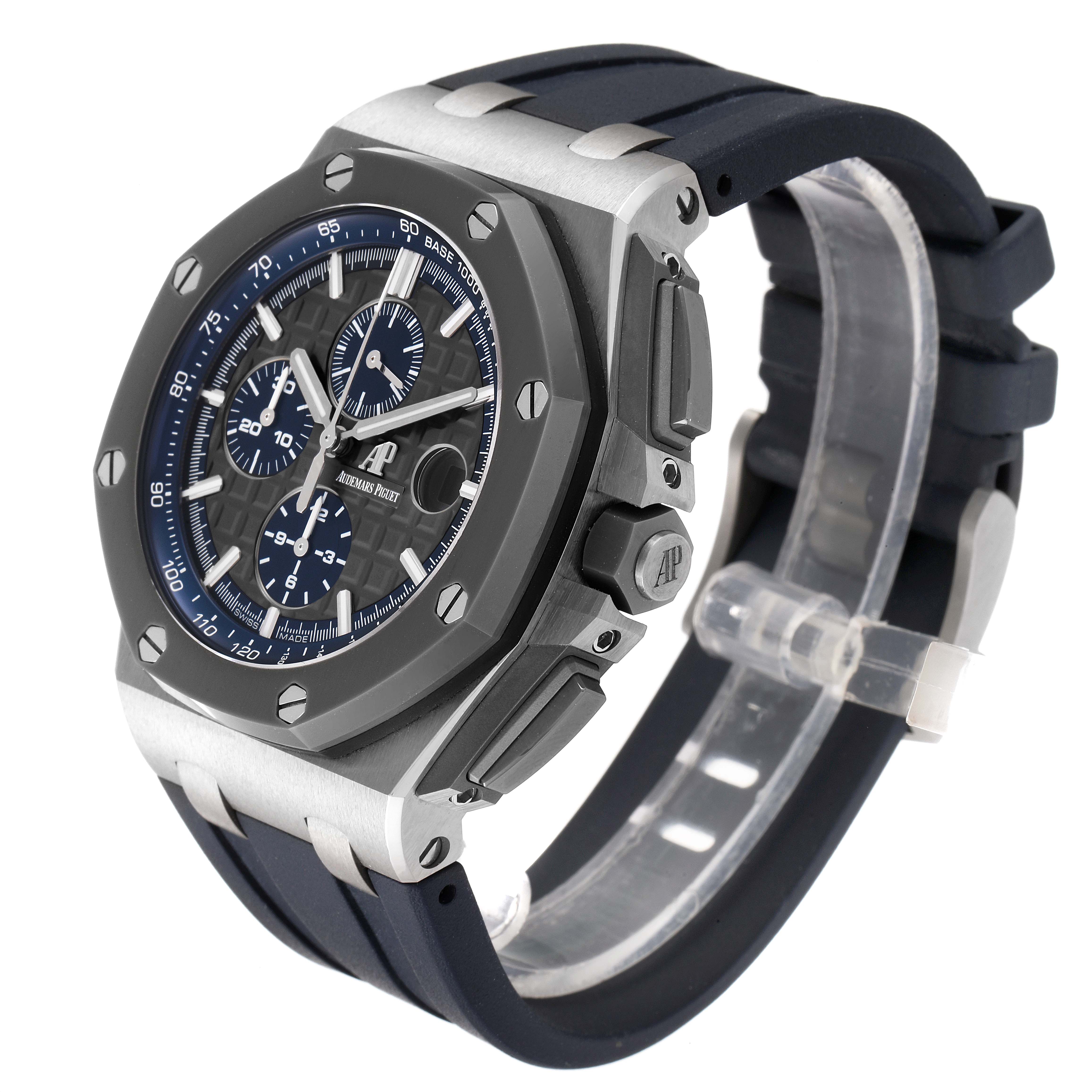 This Audemars Piguet Royal Oak Offshore 26400IO.OO.A004CA.02 Men's Titanium Grey Dial 26400IO.OO.A004CA.02 Men's Titanium Grey Dial watch is shown from a three-quarter angle, highlighting the dial, bezel, pushers, and strap.