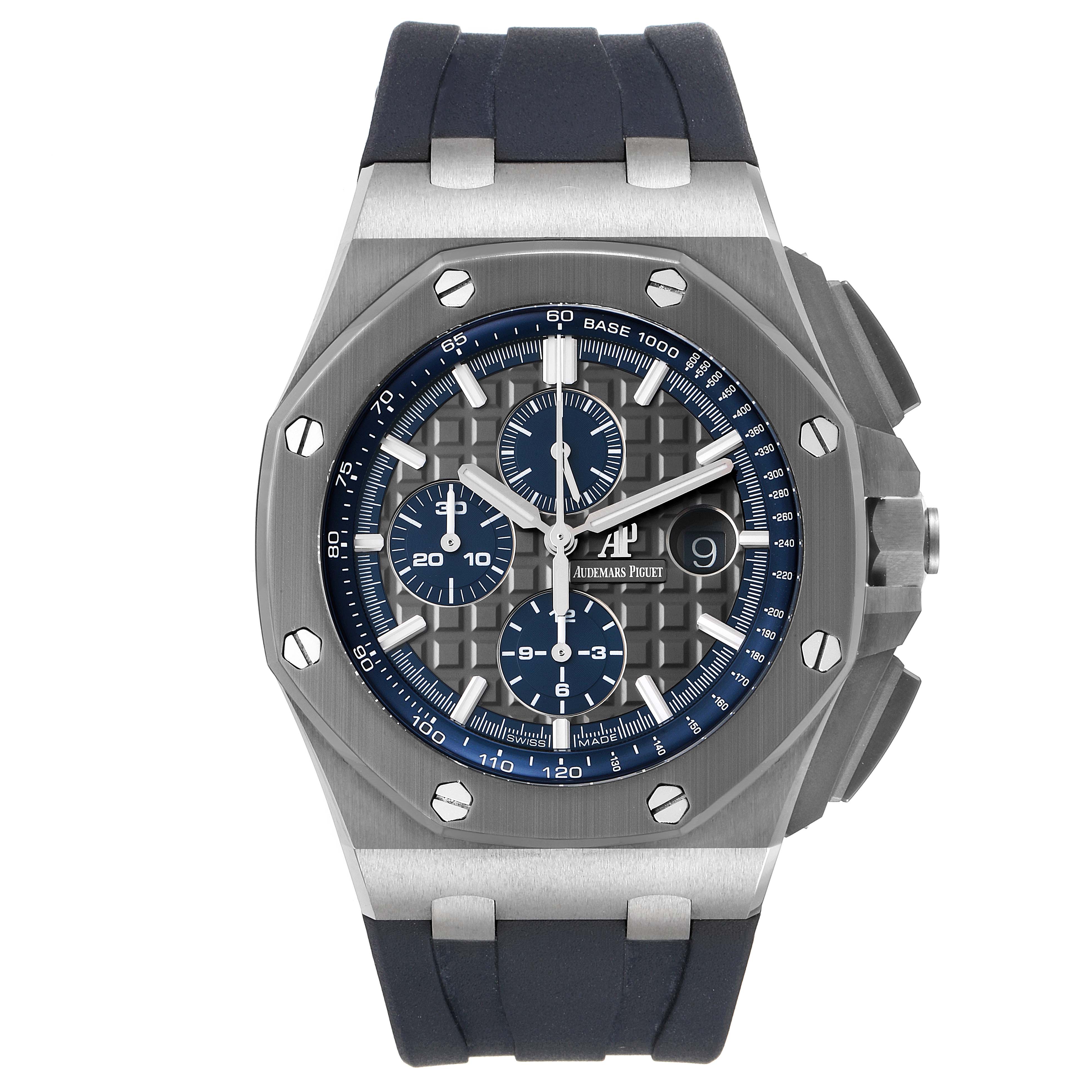 This image shows a front view of the Audemars Piguet Royal Oak Offshore 26400IO.OO.A004CA.02 Men's Titanium Grey Dial 26400IO.OO.A004CA.02 Men's Titanium Grey Dial watch, highlighting its face, bezel, and strap.
