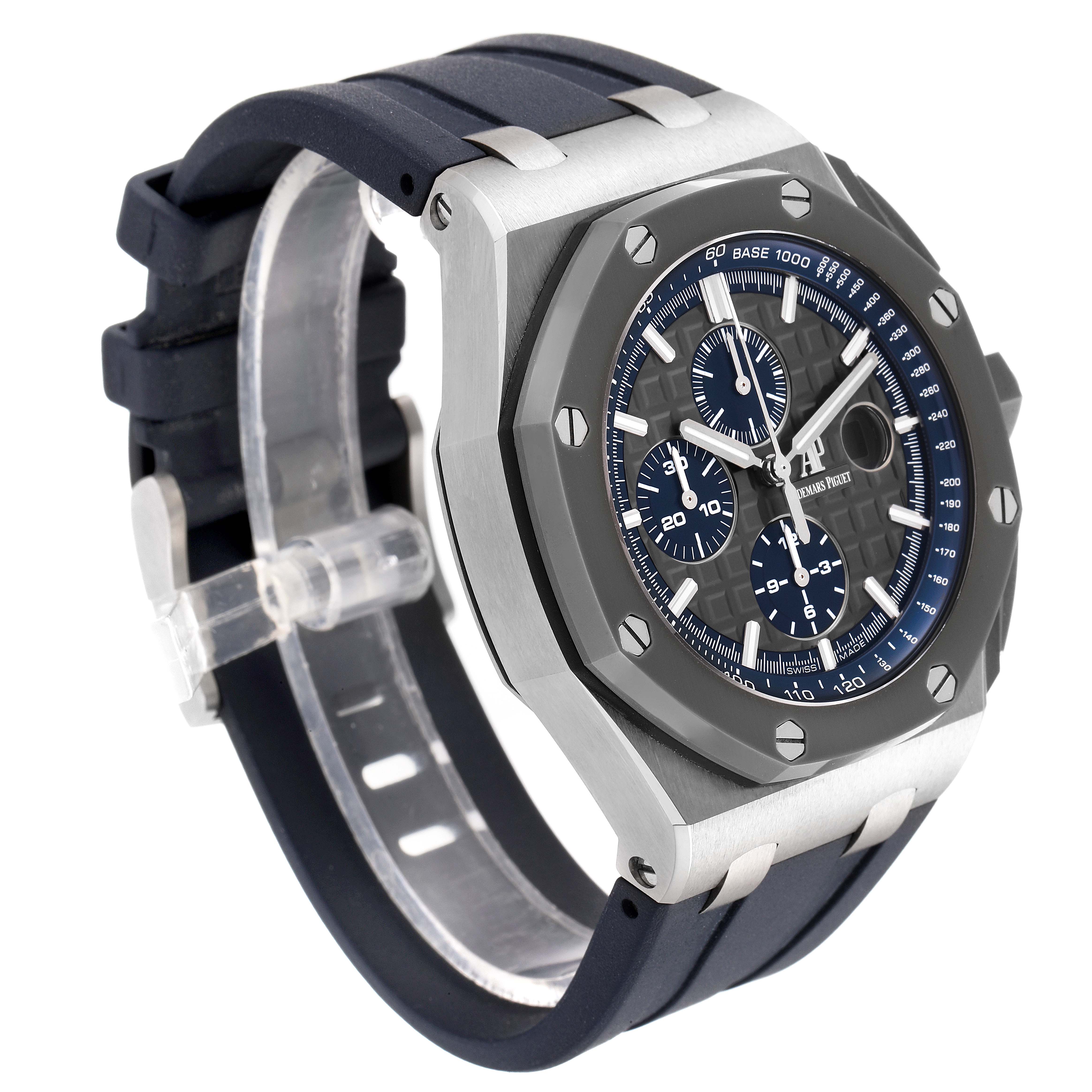 The image shows a side-angle view of the Audemars Piguet Royal Oak Offshore 26400IO.OO.A004CA.02 Men's Titanium Grey Dial 26400IO.OO.A004CA.02 Men's Titanium Grey Dial watch, highlighting its dial, bezel, and rubber strap.