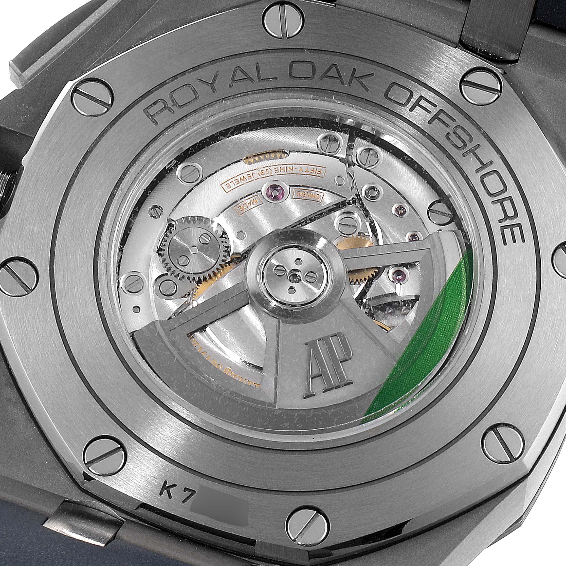 This image displays the back view of the Audemars Piguet Royal Oak Offshore 26400IO.OO.A004CA.02 Men's Titanium Grey Dial 26400IO.OO.A004CA.02 Men's Titanium Grey Dial watch, highlighting its intricate movement.