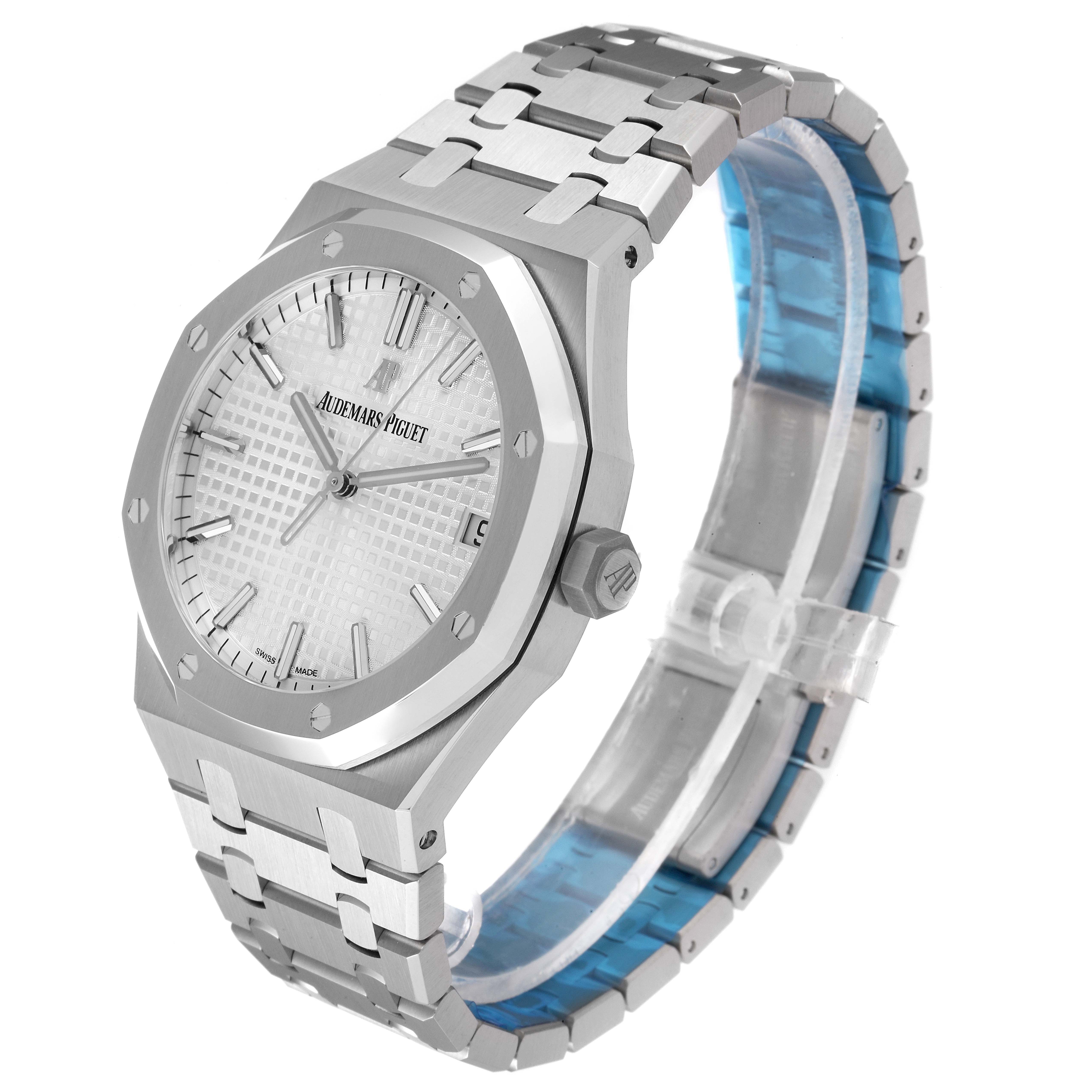 This image shows an Audemars Piguet Royal Oak 15500ST.OO.1220ST.04 Men's Stainless Steel Silver Dial 15500ST.OO.1220ST.04 Men's Stainless Steel Silver Dial watch angled to display the face, bezel, crown, and bracelet.