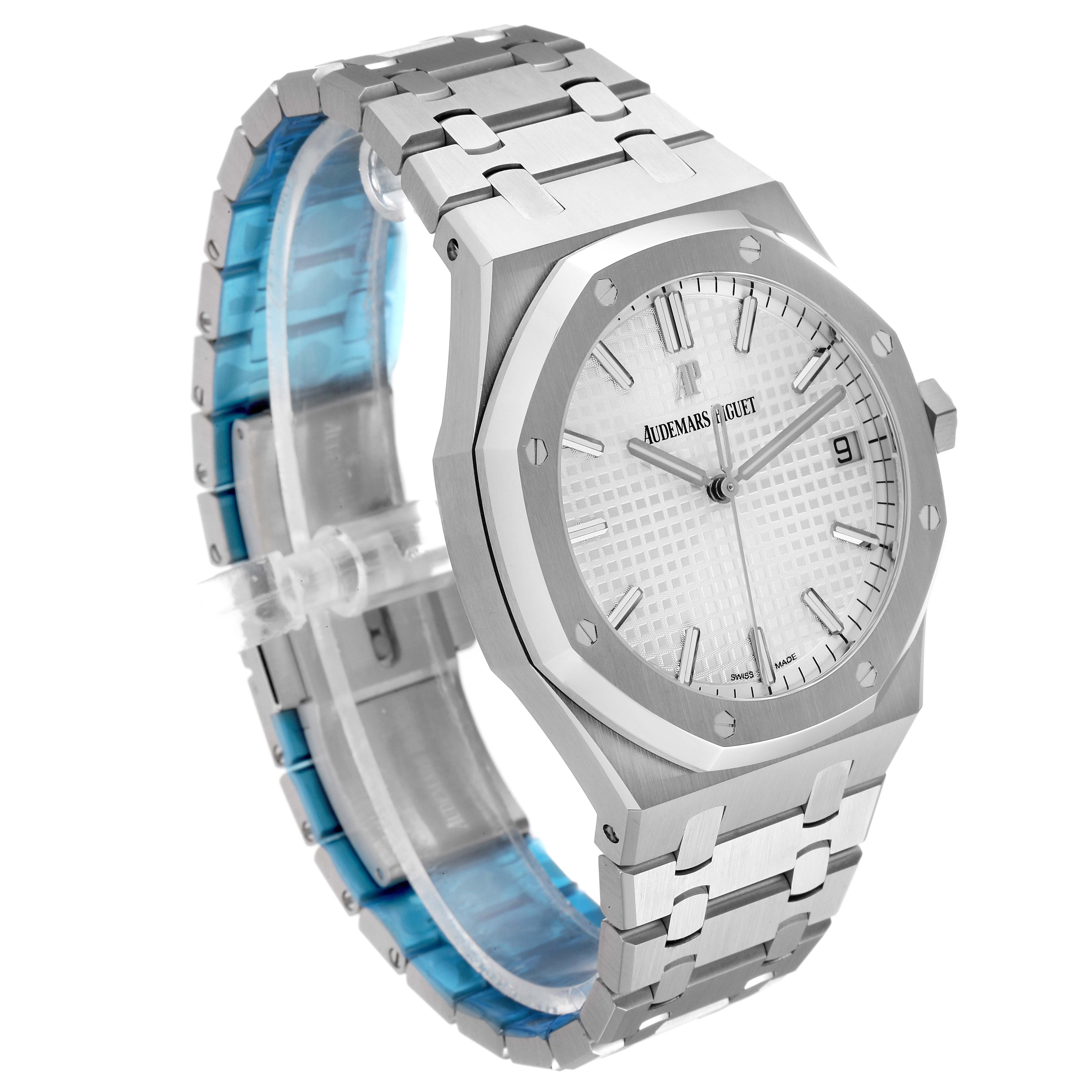 The image shows a side angle view of the Audemars Piguet Royal Oak 15500ST.OO.1220ST.04 Men's Stainless Steel Silver Dial 15500ST.OO.1220ST.04 Men's Stainless Steel Silver Dial watch, featuring its face, bezel, and bracelet.