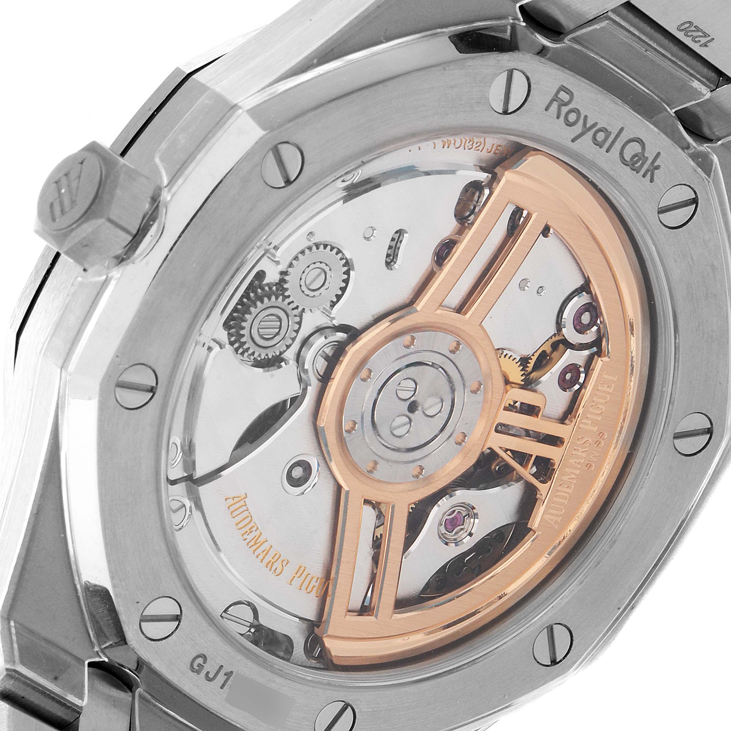 This image shows the back of an Audemars Piguet Royal Oak 15500ST.OO.1220ST.04 Men's Stainless Steel Silver Dial 15500ST.OO.1220ST.04 Men's Stainless Steel Silver Dial watch, highlighting the movement and rotor.