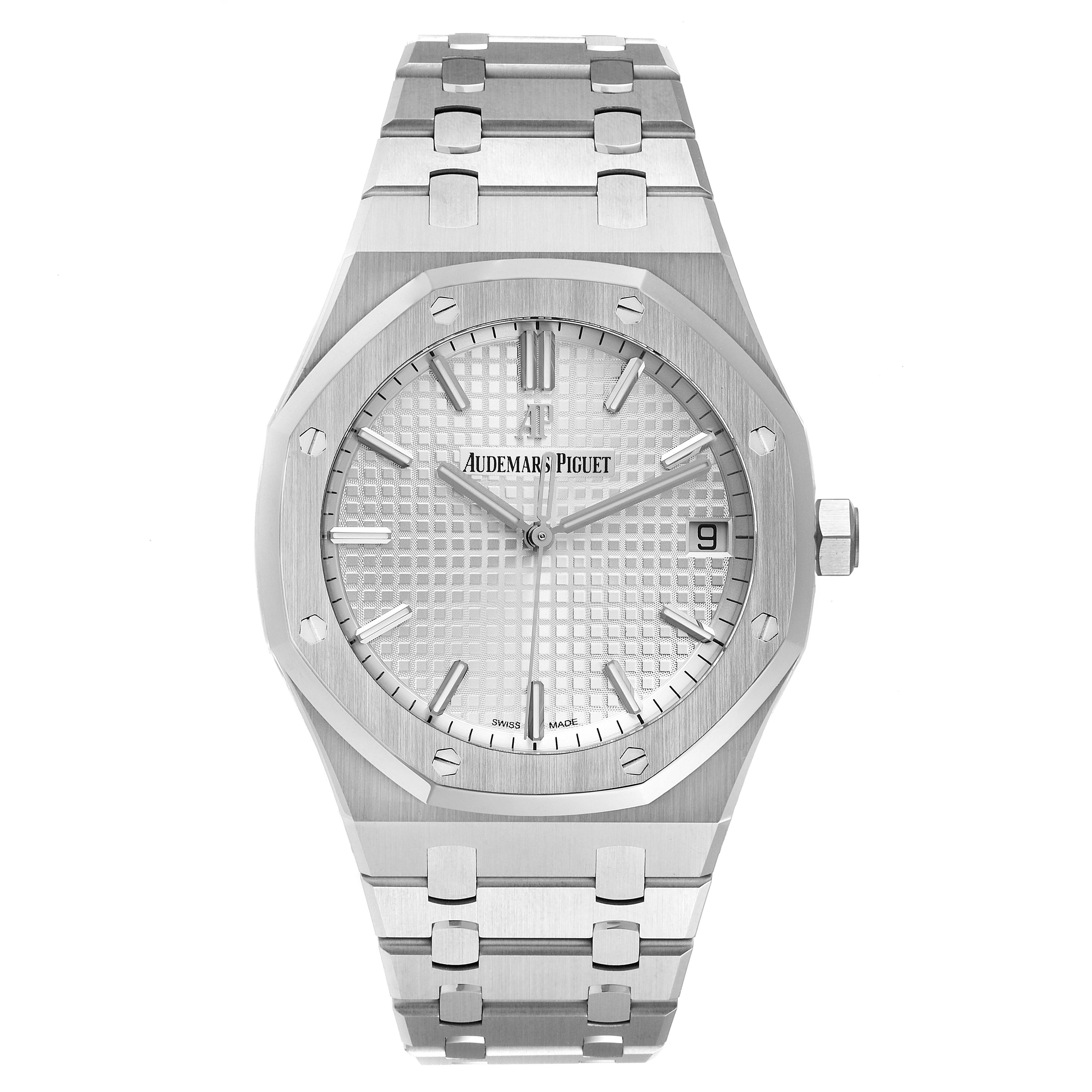 This image shows a front view of the Audemars Piguet Royal Oak 15500ST.OO.1220ST.04 Men's Stainless Steel Silver Dial 15500ST.OO.1220ST.04 Men's Stainless Steel Silver Dial watch, highlighting its dial, bezel, and bracelet.