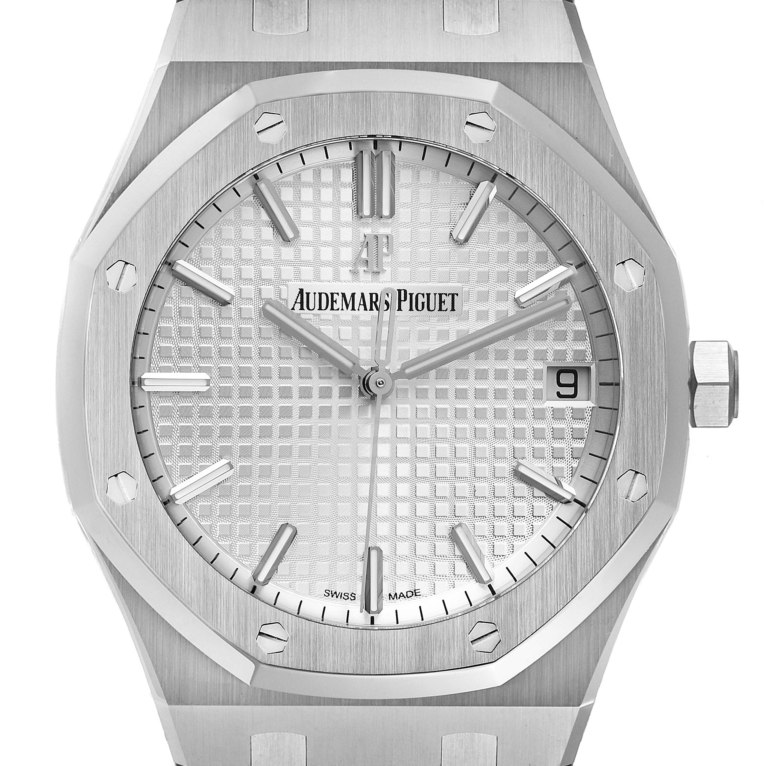 This image shows a frontal view of the dial and case of the Audemars Piguet Royal Oak 15500ST.OO.1220ST.04 Men's Stainless Steel Silver Dial 15500ST.OO.1220ST.04 Men's Stainless Steel Silver Dial watch.