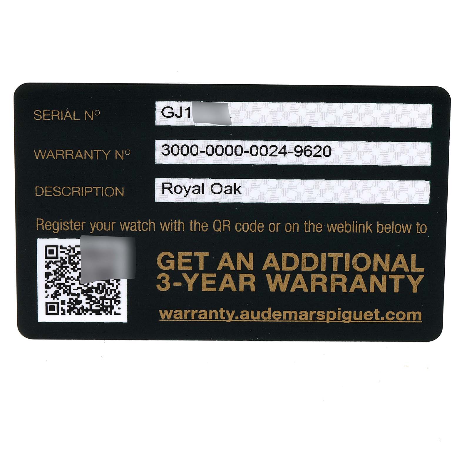 This image shows a warranty card for the Audemars Piguet Royal Oak 15500ST.OO.1220ST.04 Men's Stainless Steel Silver Dial 15500ST.OO.1220ST.04 Men's Stainless Steel Silver Dial model.