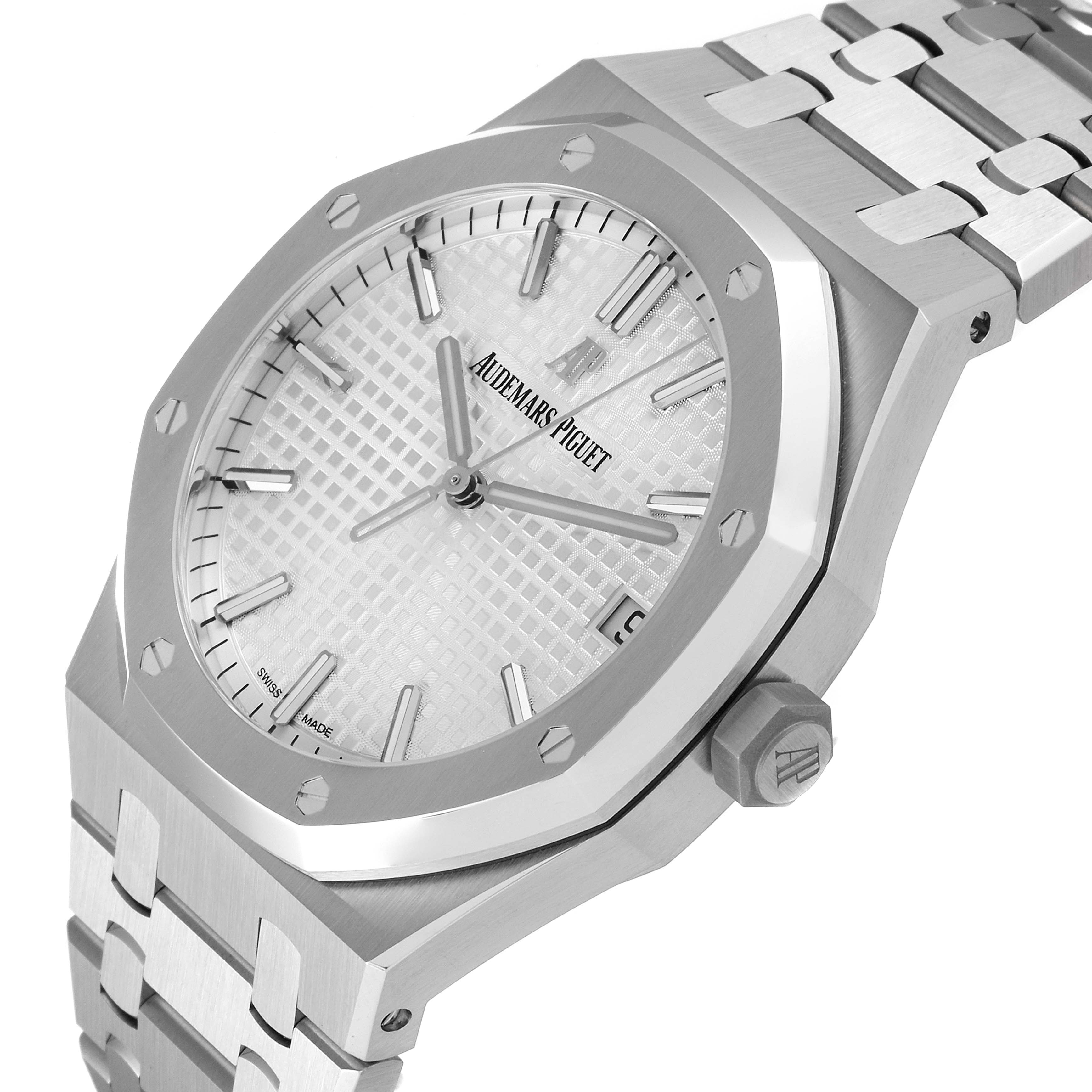 This image shows a close-up, angled view of an Audemars Piguet Royal Oak 15500ST.OO.1220ST.04 Men's Stainless Steel Silver Dial 15500ST.OO.1220ST.04 Men's Stainless Steel Silver Dial watch, highlighting the dial, bezel, crown, and bracelet.