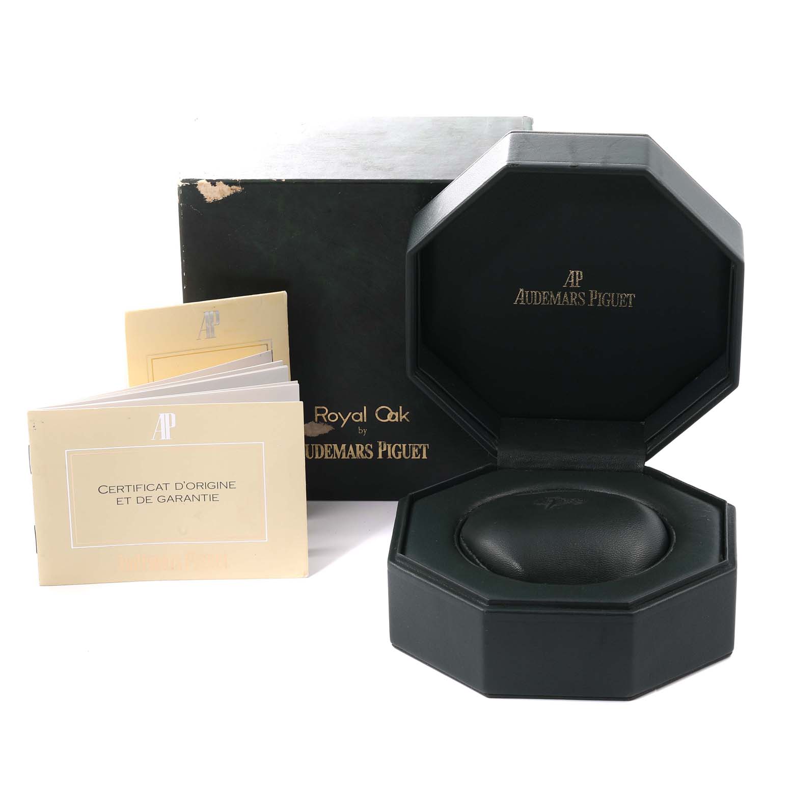 The image shows the box, case, and certificate booklets for an Audemars Piguet Royal Oak 6023SA Men's Steel and Gold (two tone) Grey Dial 6023SA Men's Steel and Gold (two tone) Grey Dial watch.