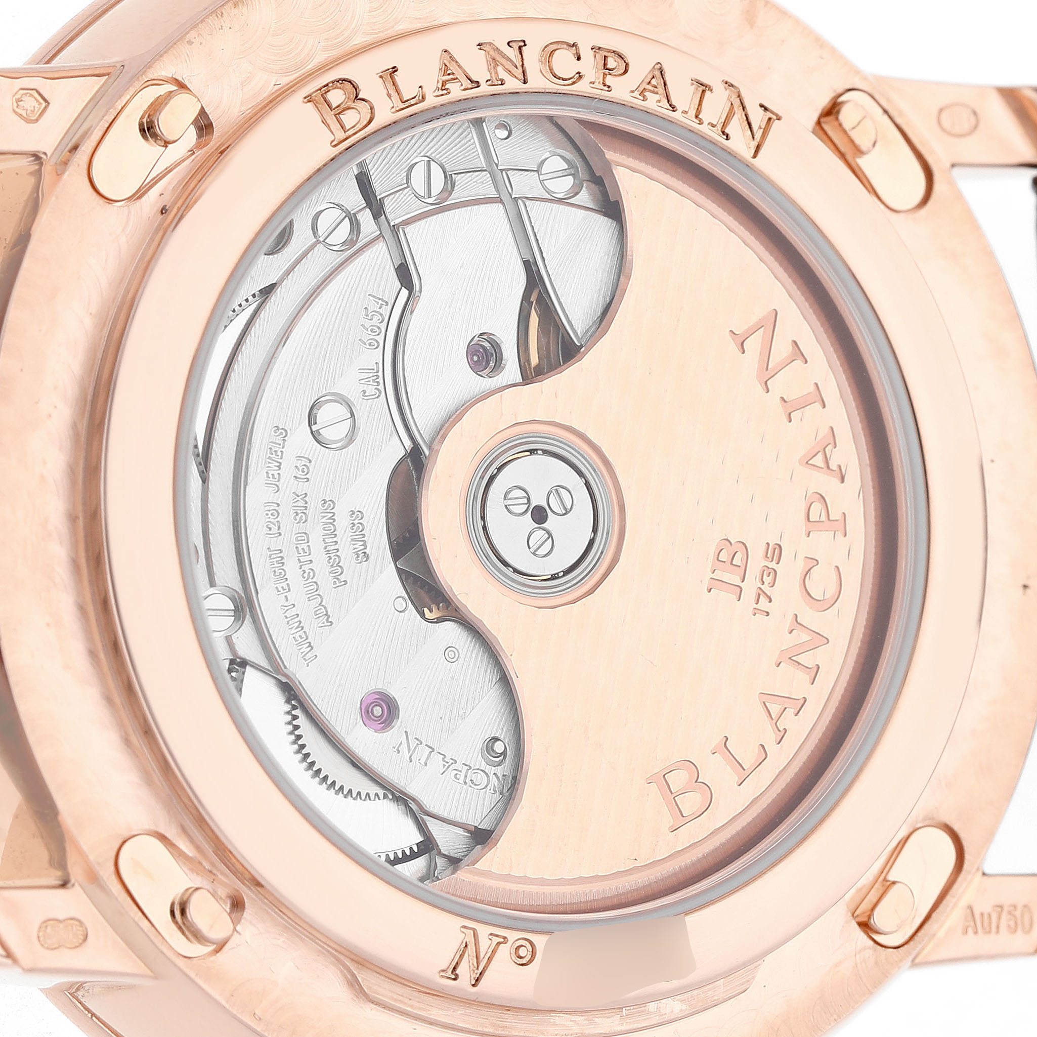 The image shows the case back of the Blancpain Villeret 6685-3642A-55B Men's Rose Gold Silver Dial watch, highlighting its movement and rotor.