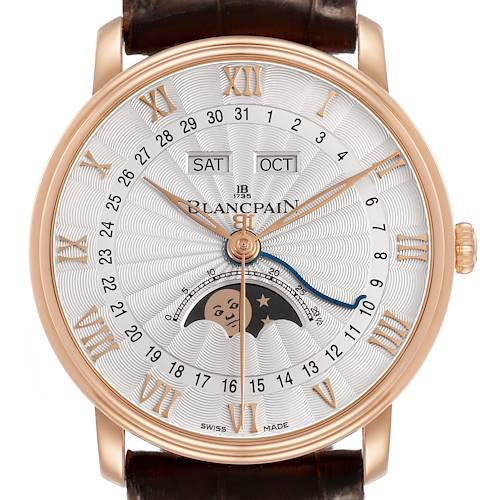 The Blancpain Villeret 6685-3642A-55B Men's Rose Gold Silver Dial watch is shown from the front, displaying its dial, moon phase, and calendar features.