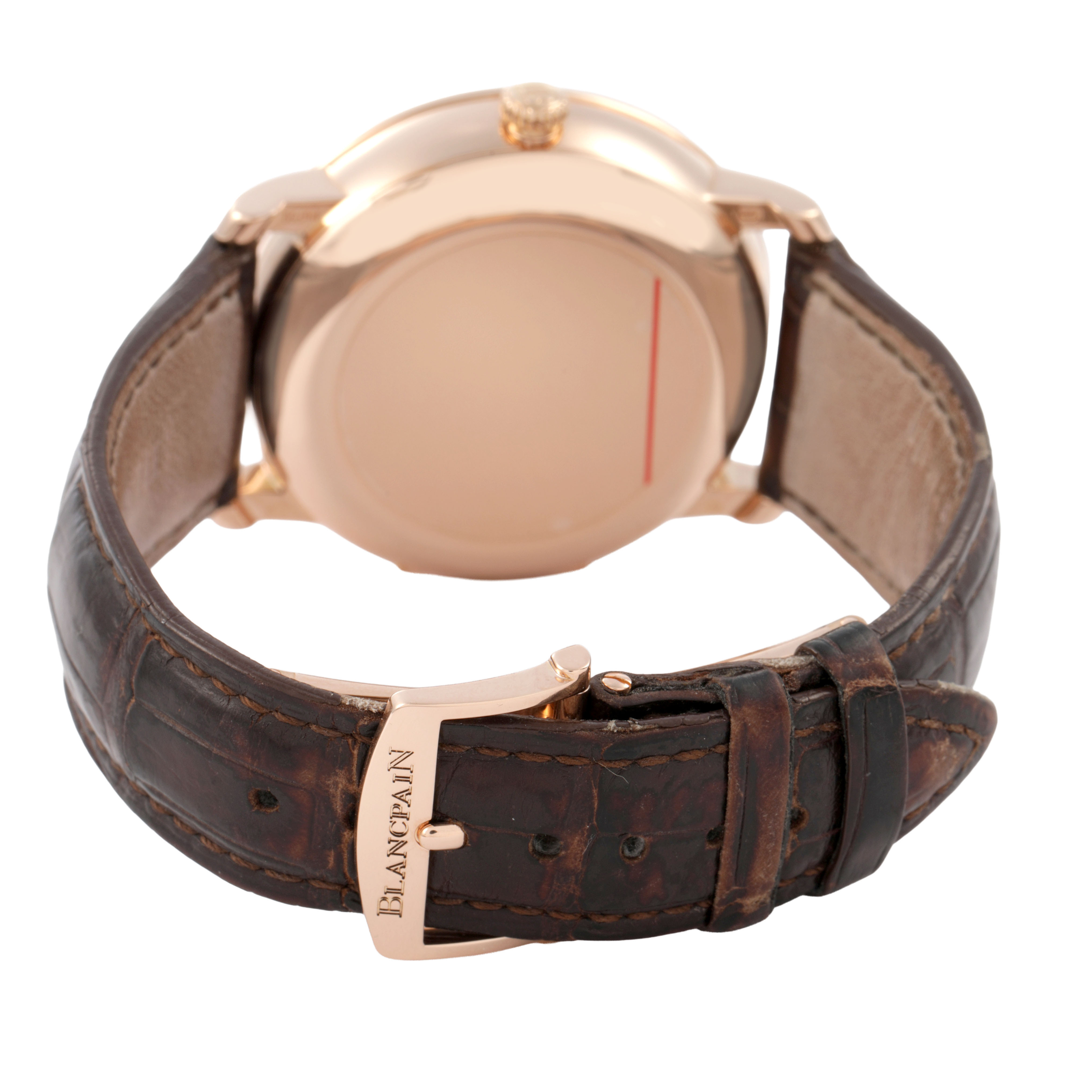 The image shows the back case and leather strap of the Blancpain Villeret 6685-3642A-55B Men's Rose Gold Silver Dial watch, highlighting the clasp and back.