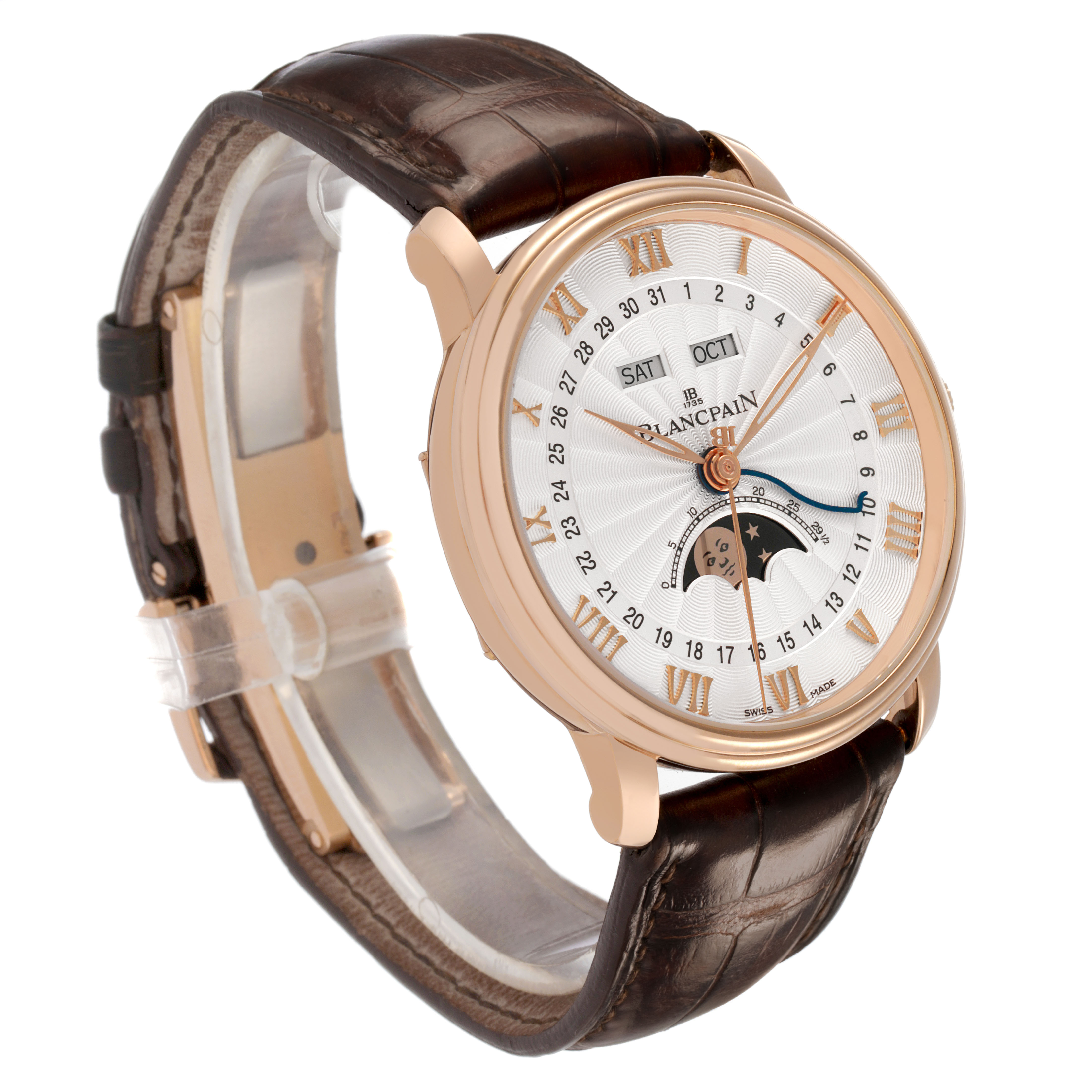 The Blancpain Villeret 6685-3642A-55B Men's Rose Gold Silver Dial watch is shown at a slight angle, displaying its face, moon phase, calendar, and brown leather strap.