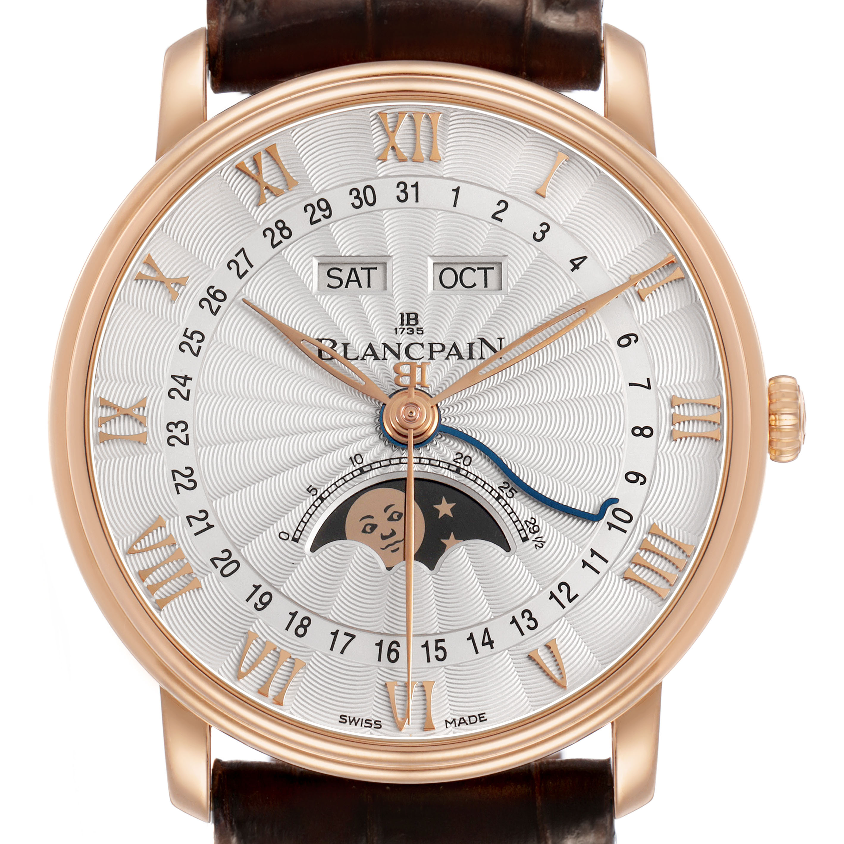 The Blancpain Villeret 6685-3642A-55B Men's Rose Gold Silver Dial watch is shown from the front, displaying Roman numerals, day, month, date, and moonphase.