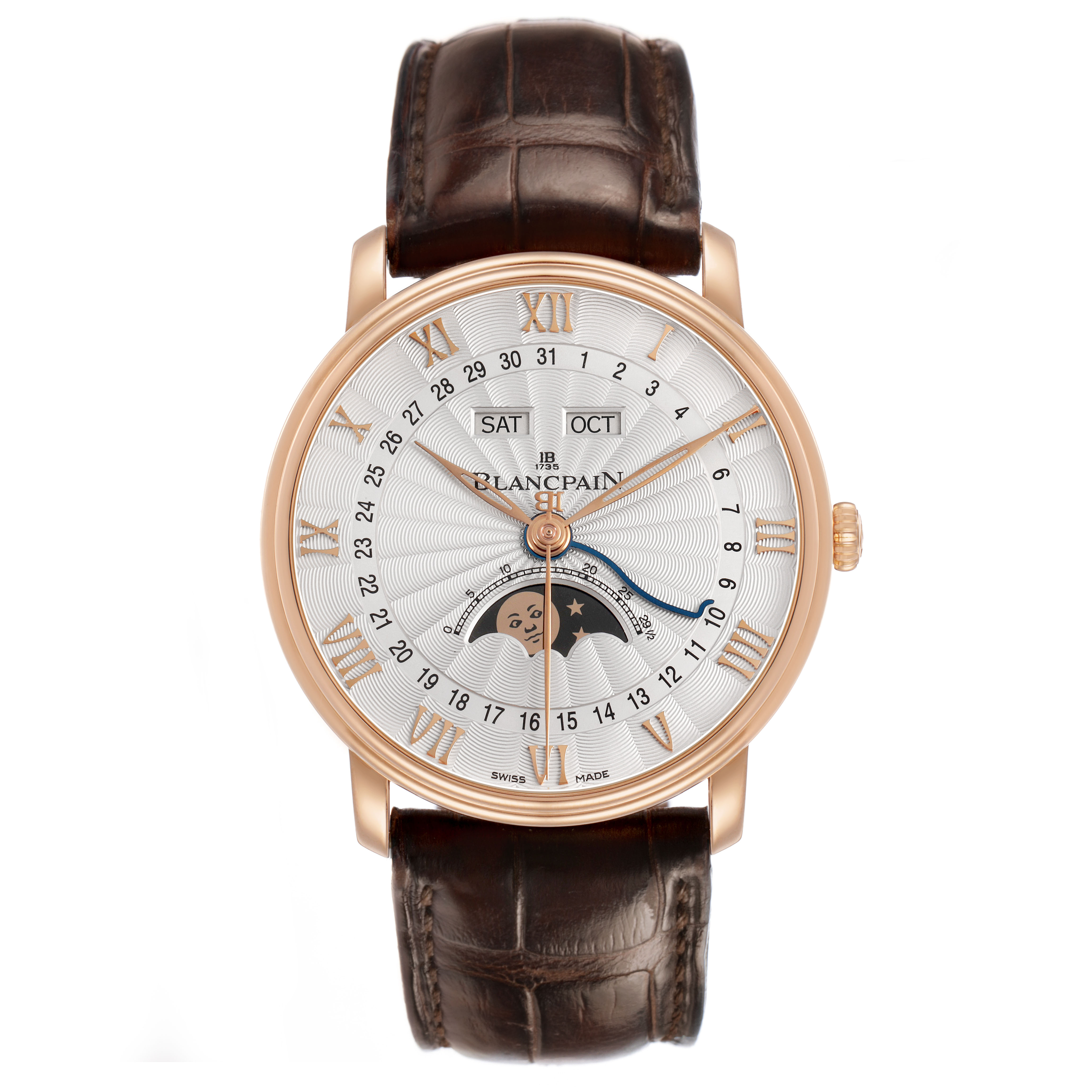The Blancpain Villeret 6685-3642A-55B Men's Rose Gold Silver Dial watch is shown from a frontal angle, displaying its dial, hands, and leather strap.